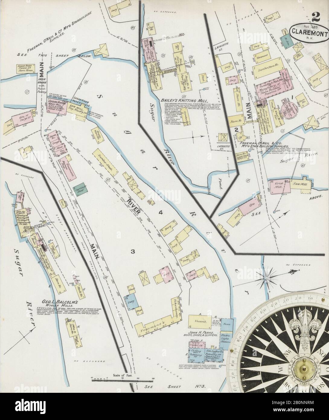 Image 2 of Sanborn Fire Insurance Map from Claremont, Sullivan County, New Hampshire. Aug 1889. 8 Sheet(s), America, street map with a Nineteenth Century compass Stock Photo