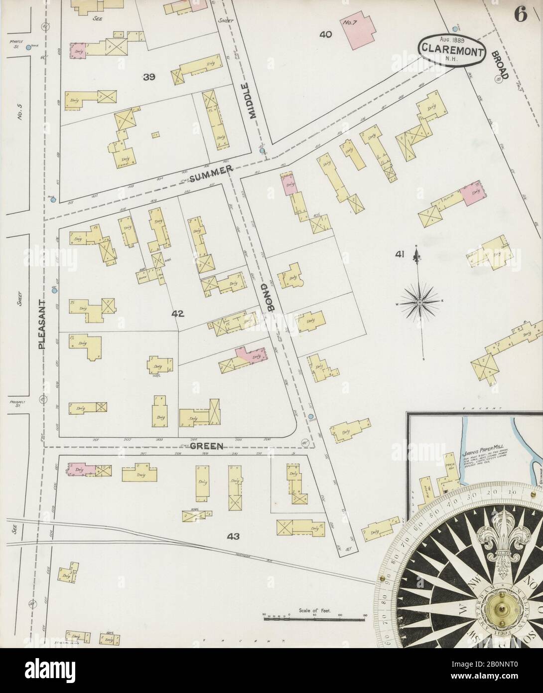Image 6 of Sanborn Fire Insurance Map from Claremont, Sullivan County, New Hampshire. Aug 1889. 8 Sheet(s), America, street map with a Nineteenth Century compass Stock Photo