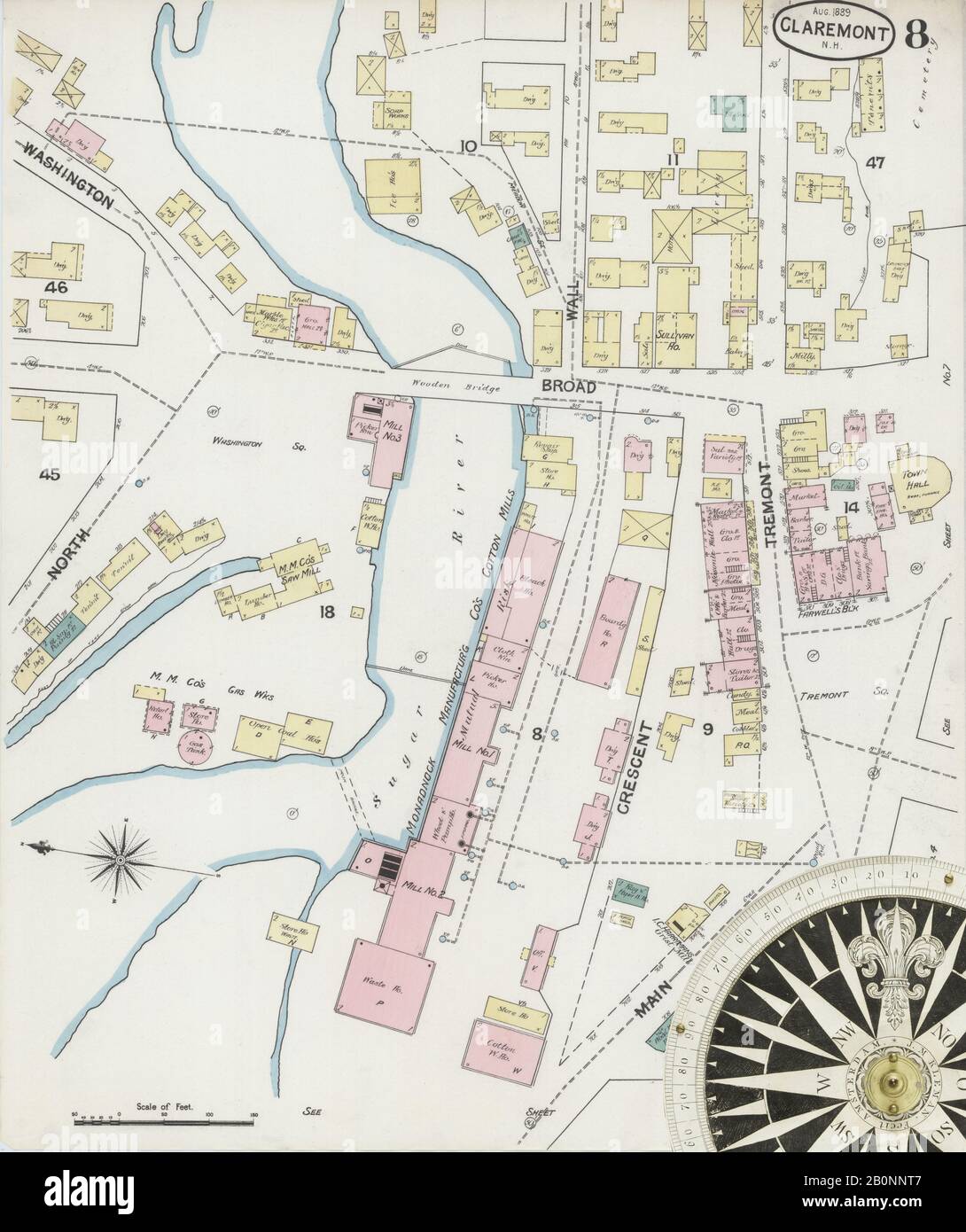 Image 8 of Sanborn Fire Insurance Map from Claremont, Sullivan County, New Hampshire. Aug 1889. 8 Sheet(s), America, street map with a Nineteenth Century compass Stock Photo
