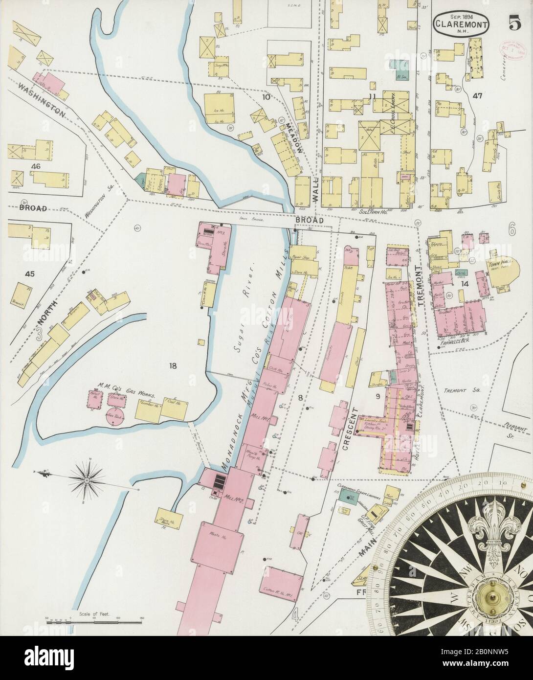 Image 5 of Sanborn Fire Insurance Map from Claremont, Sullivan County, New Hampshire. Sep 1894. 9 Sheet(s), America, street map with a Nineteenth Century compass Stock Photo