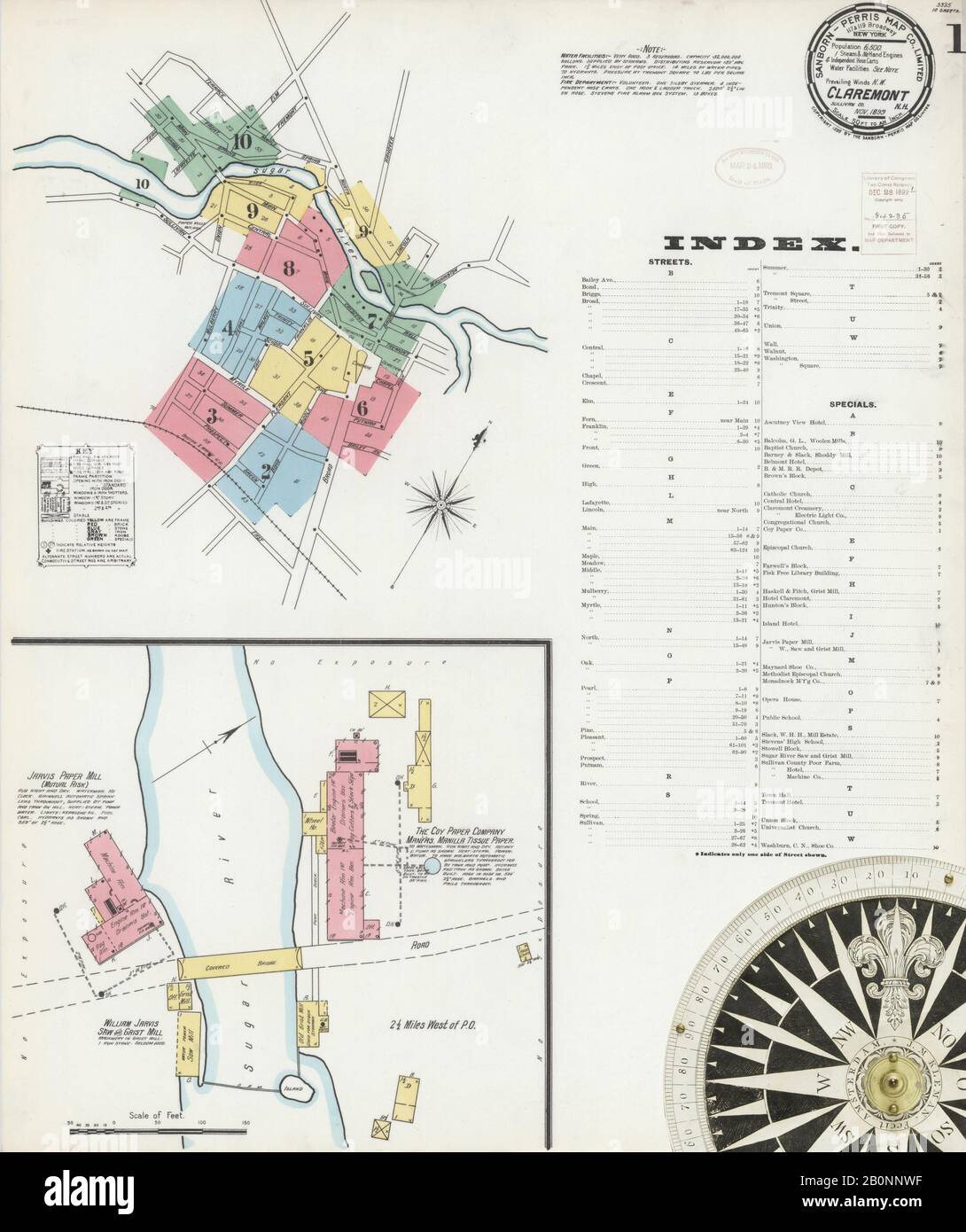 Image 1 of Sanborn Fire Insurance Map from Claremont, Sullivan County, New Hampshire. Nov 1899. 10 Sheet(s), America, street map with a Nineteenth Century compass Stock Photo