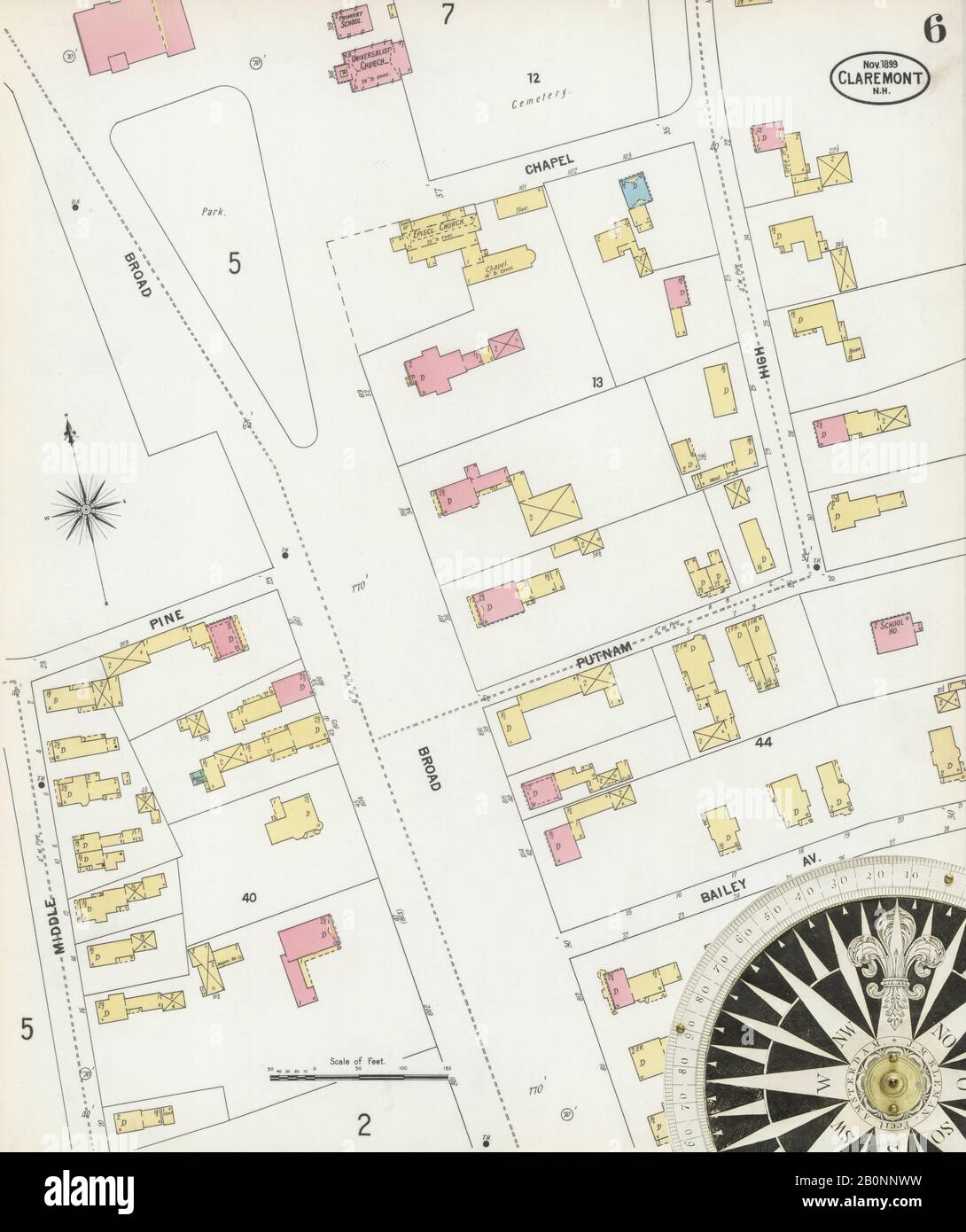 Image 6 of Sanborn Fire Insurance Map from Claremont, Sullivan County, New Hampshire. Nov 1899. 10 Sheet(s), America, street map with a Nineteenth Century compass Stock Photo
