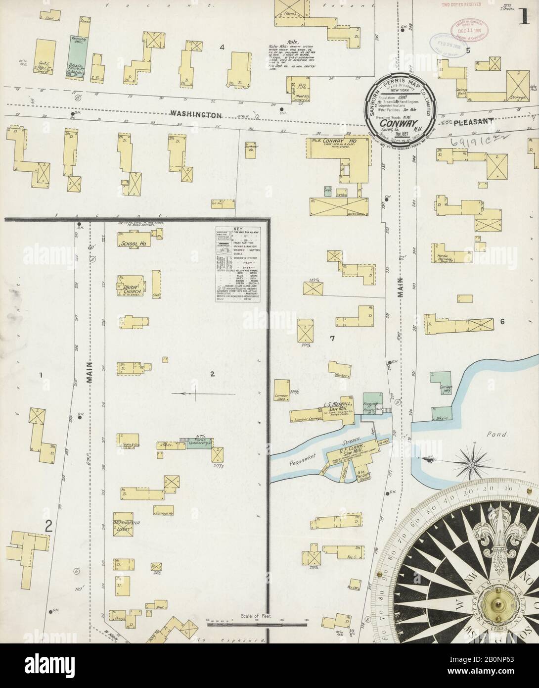 Image 1 of Sanborn Fire Insurance Map from Conway, Carroll County, New Hampshire. Nov 1897. 2 Sheet(s), America, street map with a Nineteenth Century compass Stock Photo