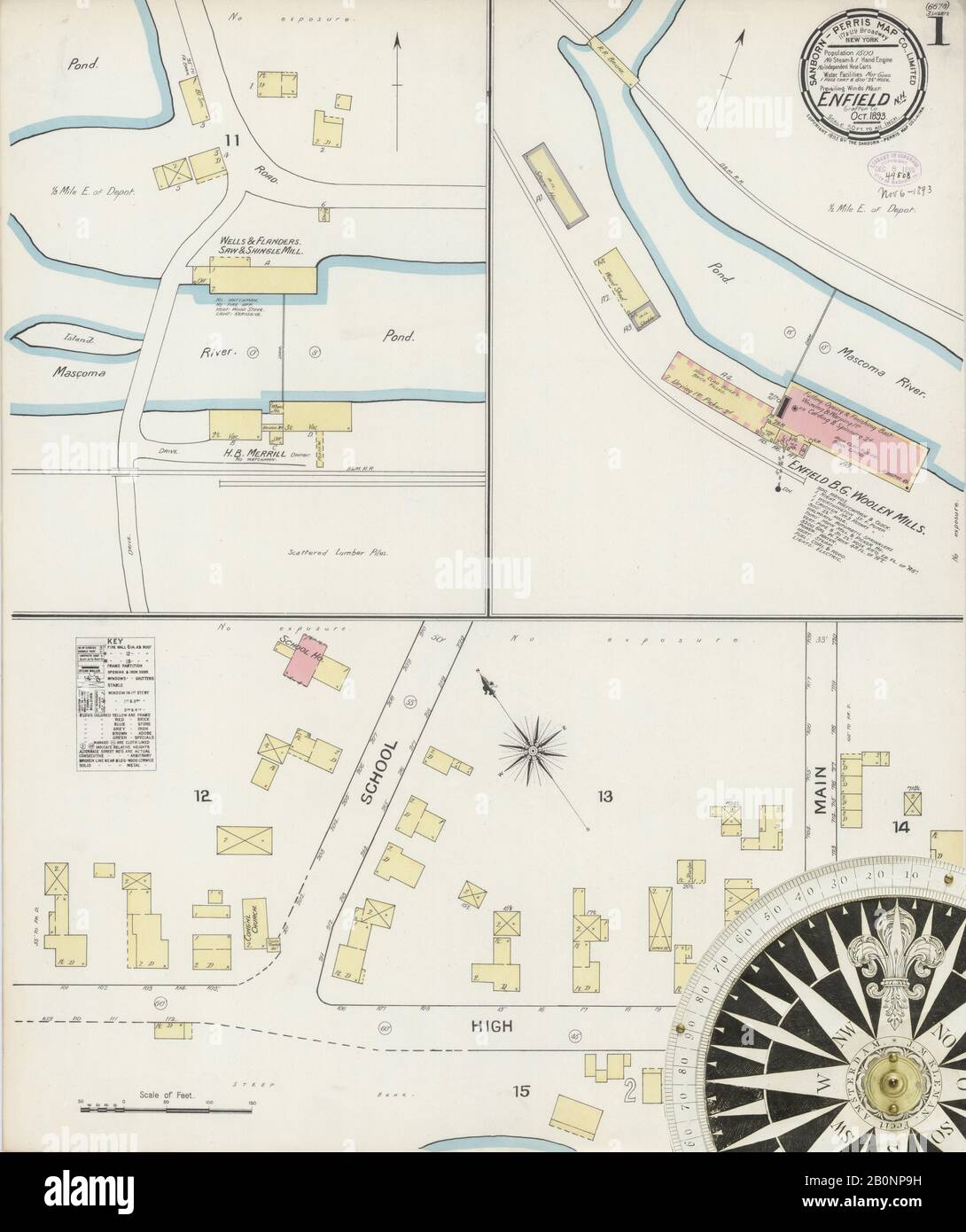 Image 1 of Sanborn Fire Insurance Map from Enfield, Grafton County, New Hampshire. Oct 1893. 3 Sheet(s), America, street map with a Nineteenth Century compass Stock Photo