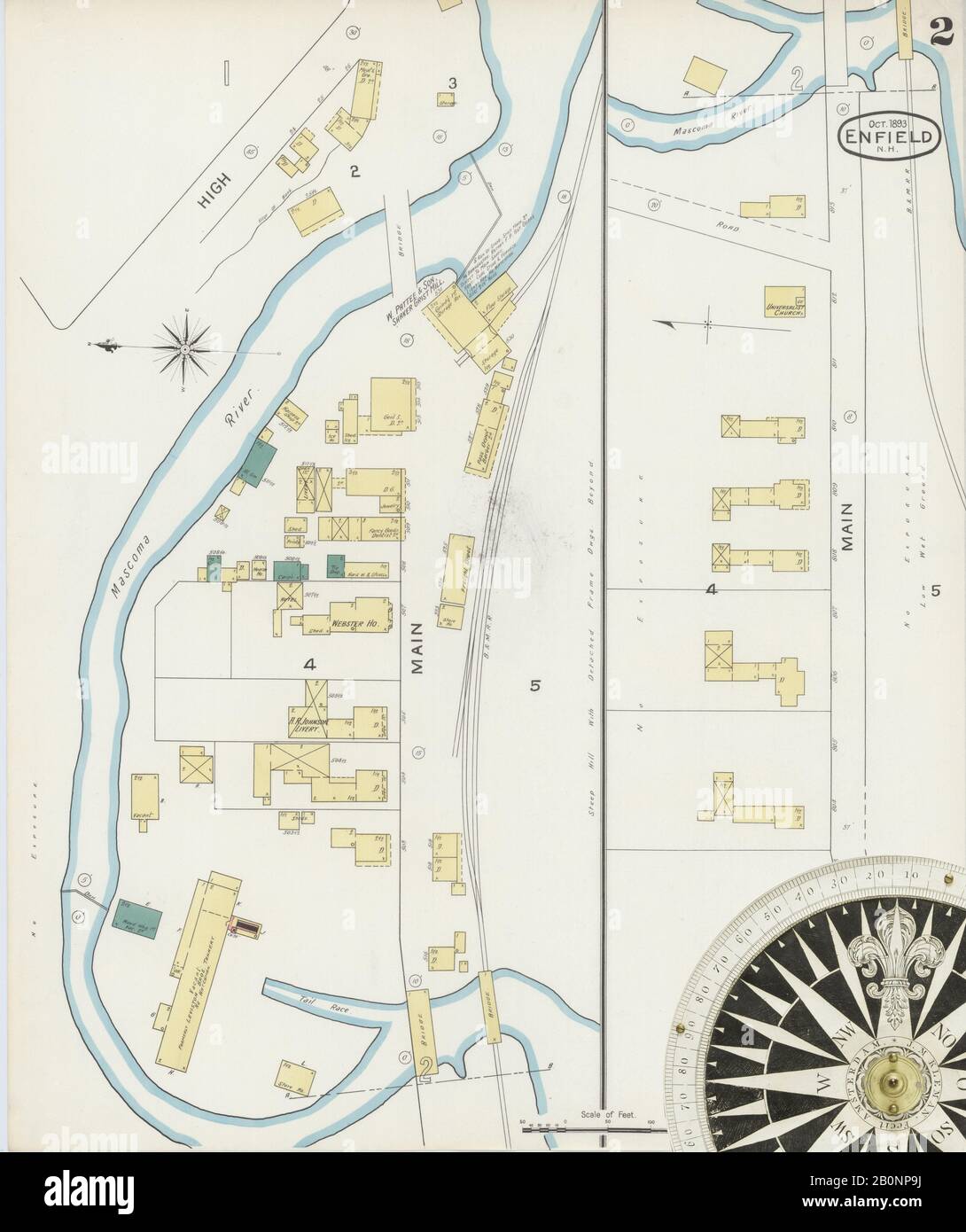 Image 2 of Sanborn Fire Insurance Map from Enfield, Grafton County, New Hampshire. Oct 1893. 3 Sheet(s), America, street map with a Nineteenth Century compass Stock Photo