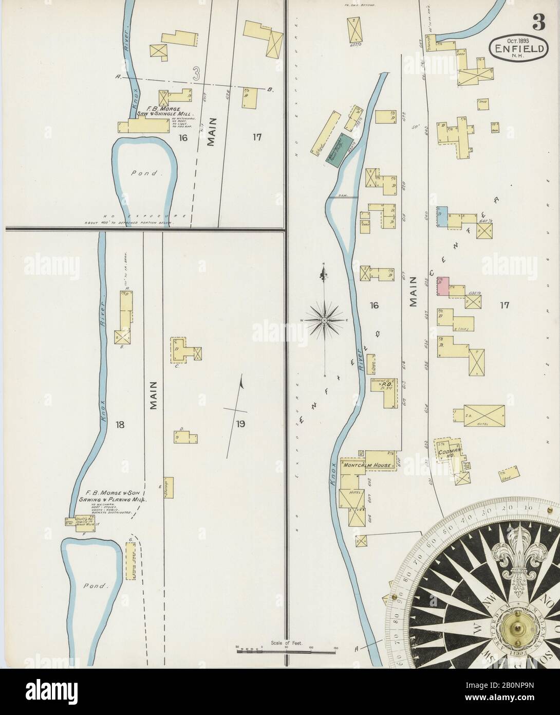 Image 3 of Sanborn Fire Insurance Map from Enfield, Grafton County, New Hampshire. Oct 1893. 3 Sheet(s), America, street map with a Nineteenth Century compass Stock Photo