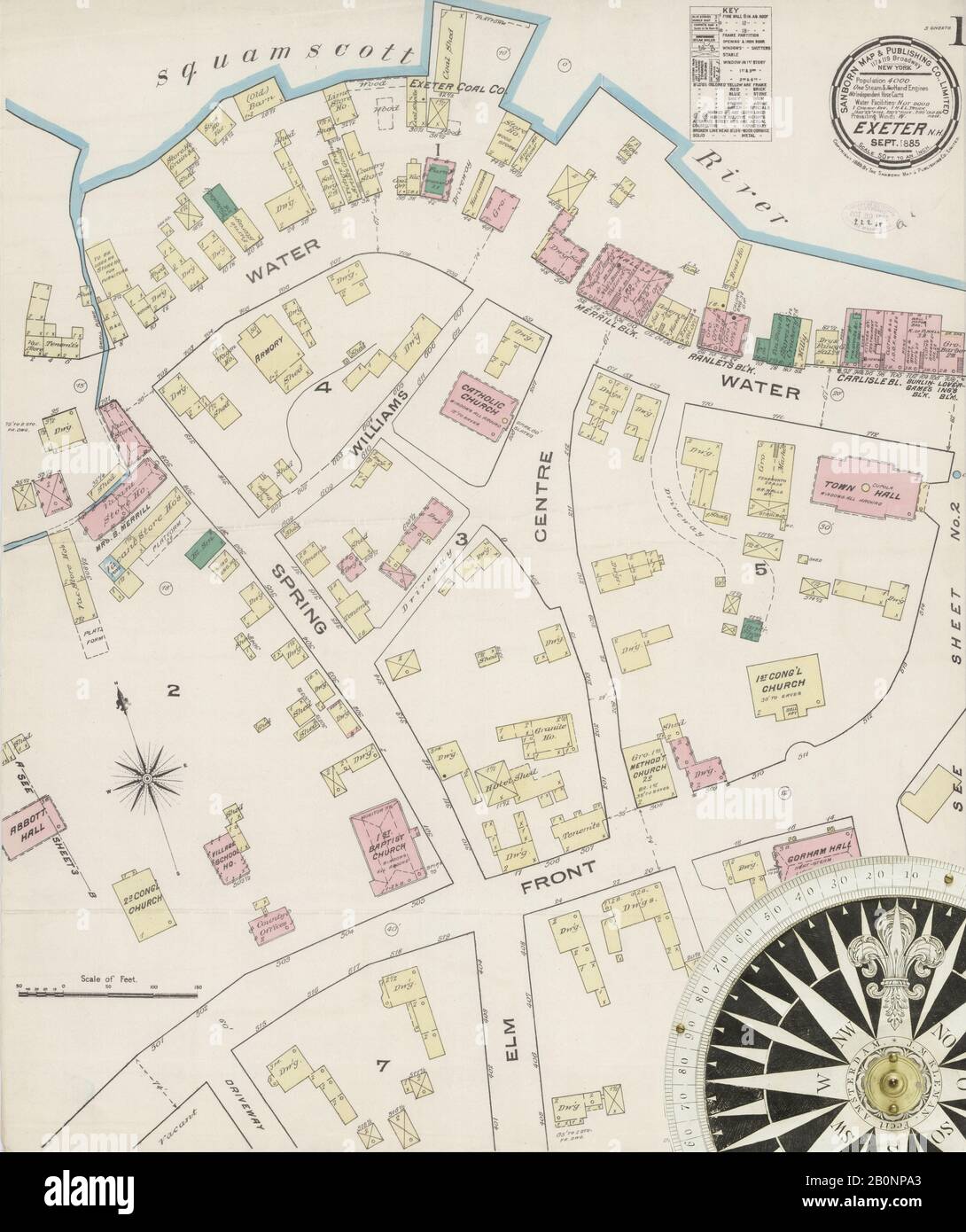 Image 1 of Sanborn Fire Insurance Map from Exeter, Rockingham County, New Hampshire. Sep 1885. 3 Sheet(s), America, street map with a Nineteenth Century compass Stock Photo
