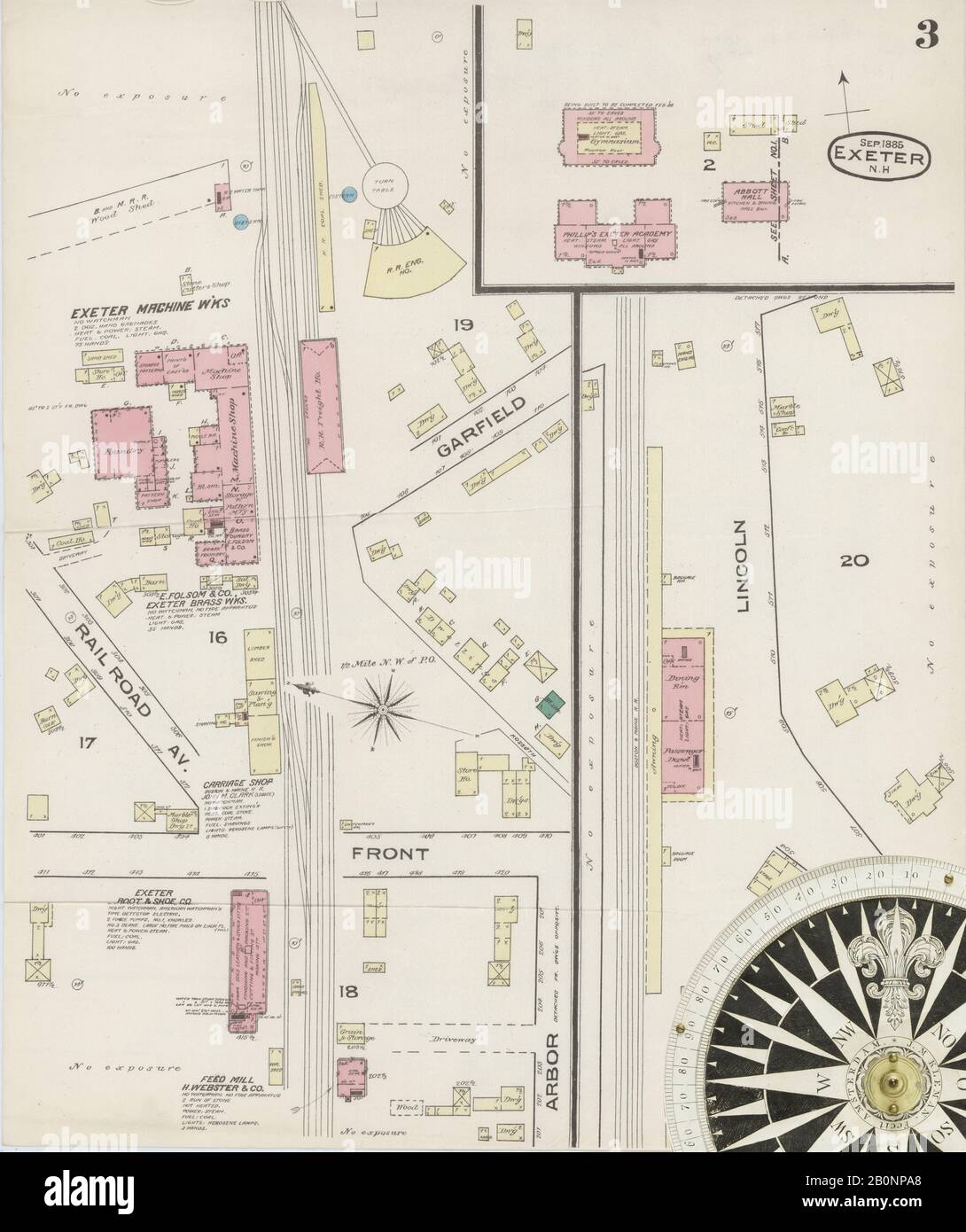 Image 3 of Sanborn Fire Insurance Map from Exeter, Rockingham County, New Hampshire. Sep 1885. 3 Sheet(s), America, street map with a Nineteenth Century compass Stock Photo