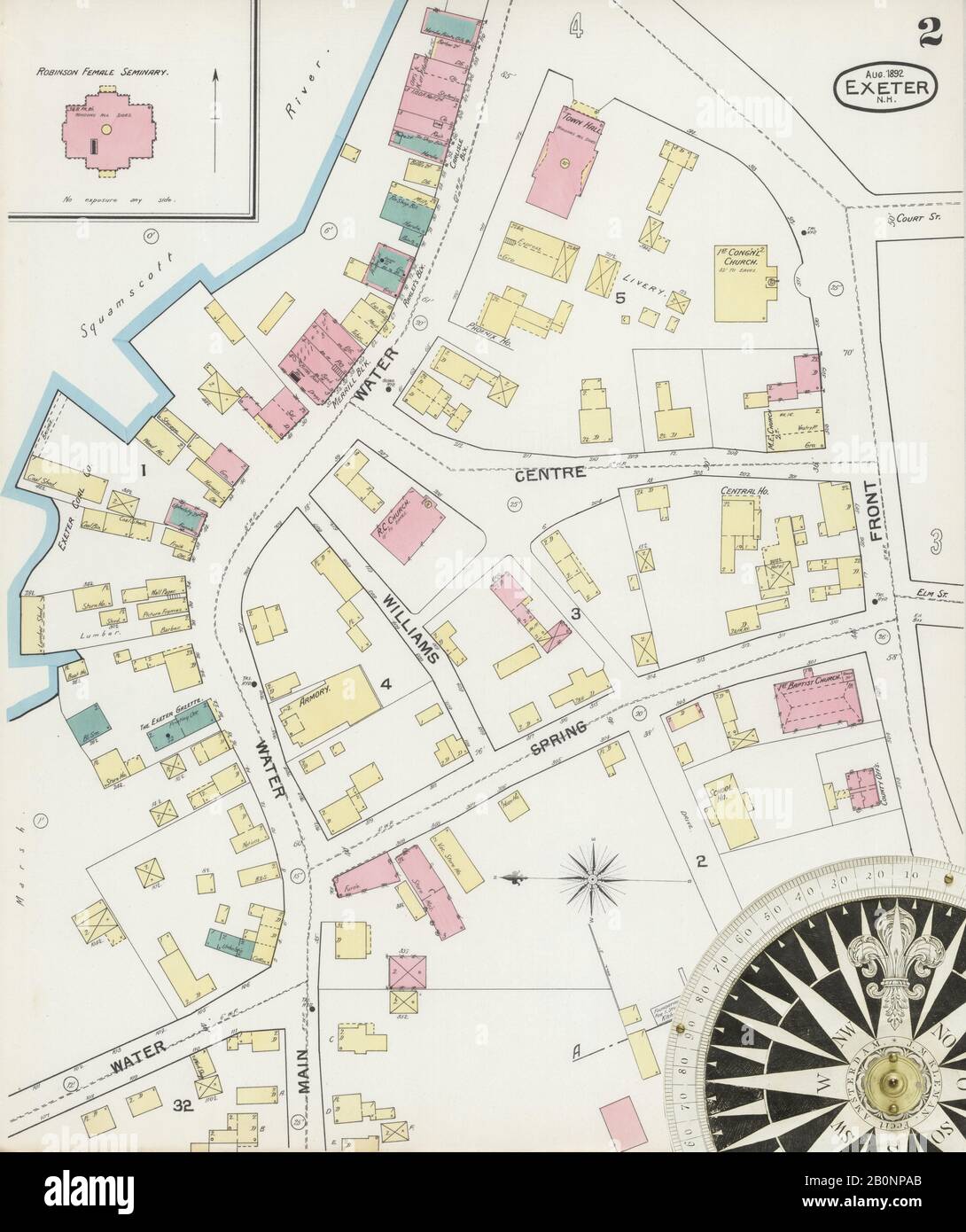 Image 2 of Sanborn Fire Insurance Map from Exeter, Rockingham County, New Hampshire. Sep 1892. 5 Sheet(s), America, street map with a Nineteenth Century compass Stock Photo