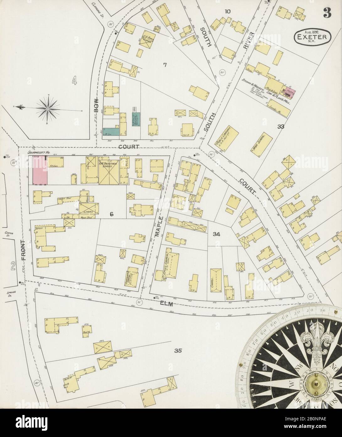 Image 3 of Sanborn Fire Insurance Map from Exeter, Rockingham County, New Hampshire. Sep 1892. 5 Sheet(s), America, street map with a Nineteenth Century compass Stock Photo