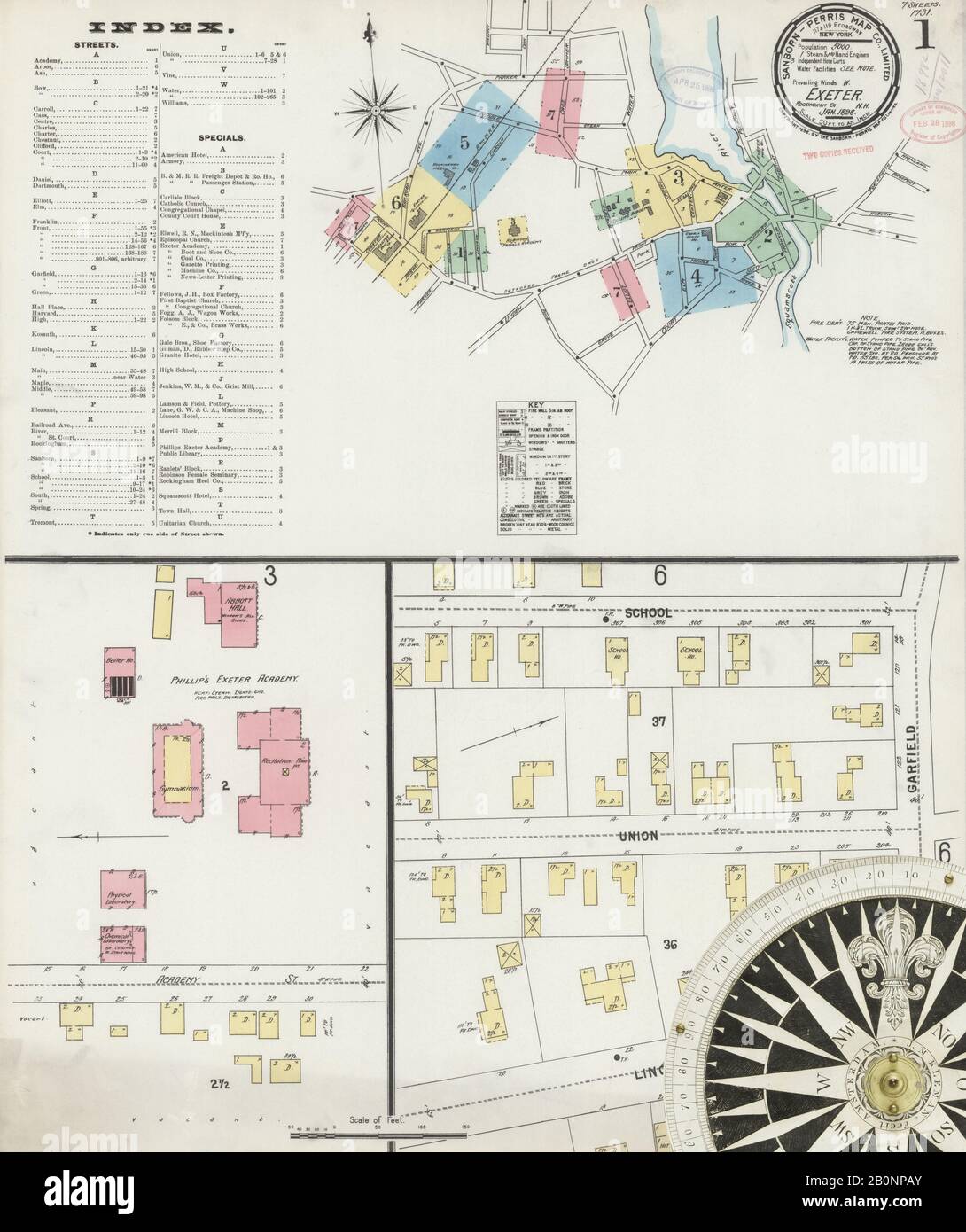 Image 1 of Sanborn Fire Insurance Map from Exeter, Rockingham County, New Hampshire. Jan 1898. 7 Sheet(s), America, street map with a Nineteenth Century compass Stock Photo