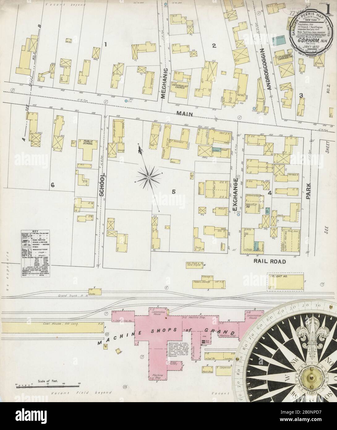 Image 1 of Sanborn Fire Insurance Map from Gorham, Coos County, New Hampshire. Jan 1892. 3 Sheet(s), America, street map with a Nineteenth Century compass Stock Photo