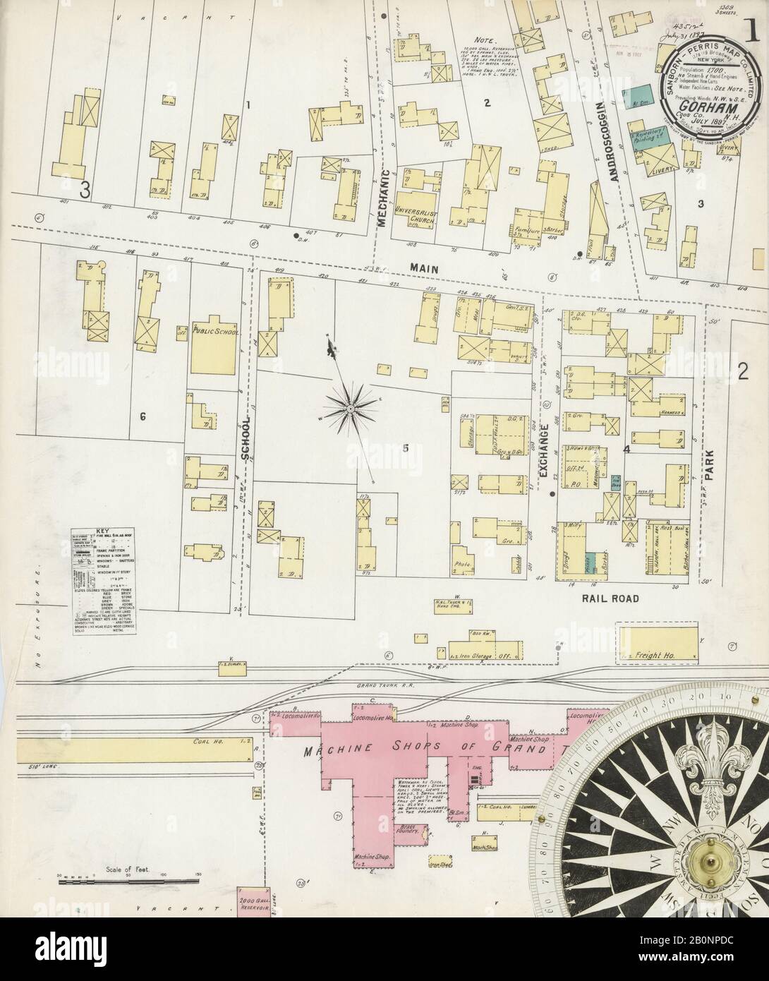 Image 1 of Sanborn Fire Insurance Map from Gorham, Coos County, New Hampshire. Jul 1897. 3 Sheet(s), America, street map with a Nineteenth Century compass Stock Photo