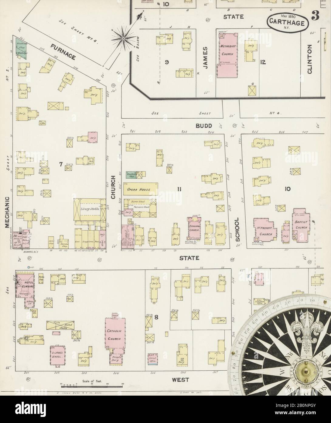 Image 3 of Sanborn Fire Insurance Map from Carthage, Jefferson County, New York. May 1890. 7 Sheet(s), America, street map with a Nineteenth Century compass Stock Photo