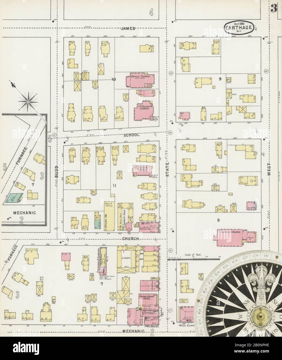 Image 3 of Sanborn Fire Insurance Map from Carthage, Jefferson County, New York. Oct 1895. 8 Sheet(s), America, street map with a Nineteenth Century compass Stock Photo