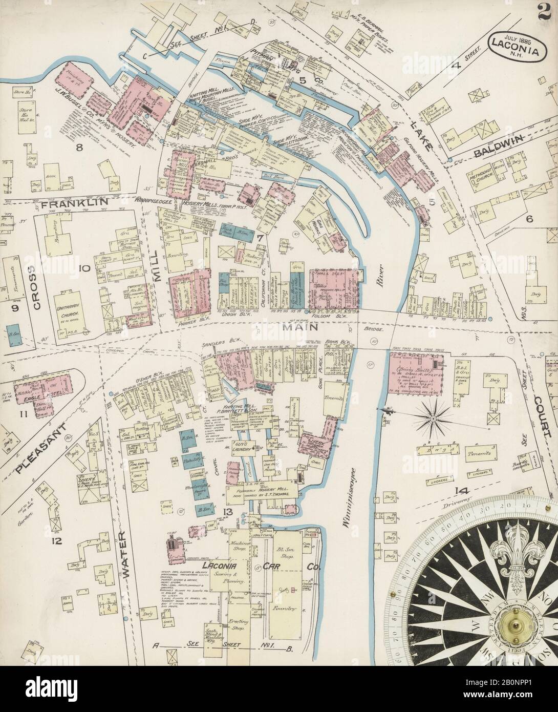 Image 2 of Sanborn Fire Insurance Map from Laconia, Belknap County, New Hampshire. Jul 1885. 3 Sheet(s), America, street map with a Nineteenth Century compass Stock Photo