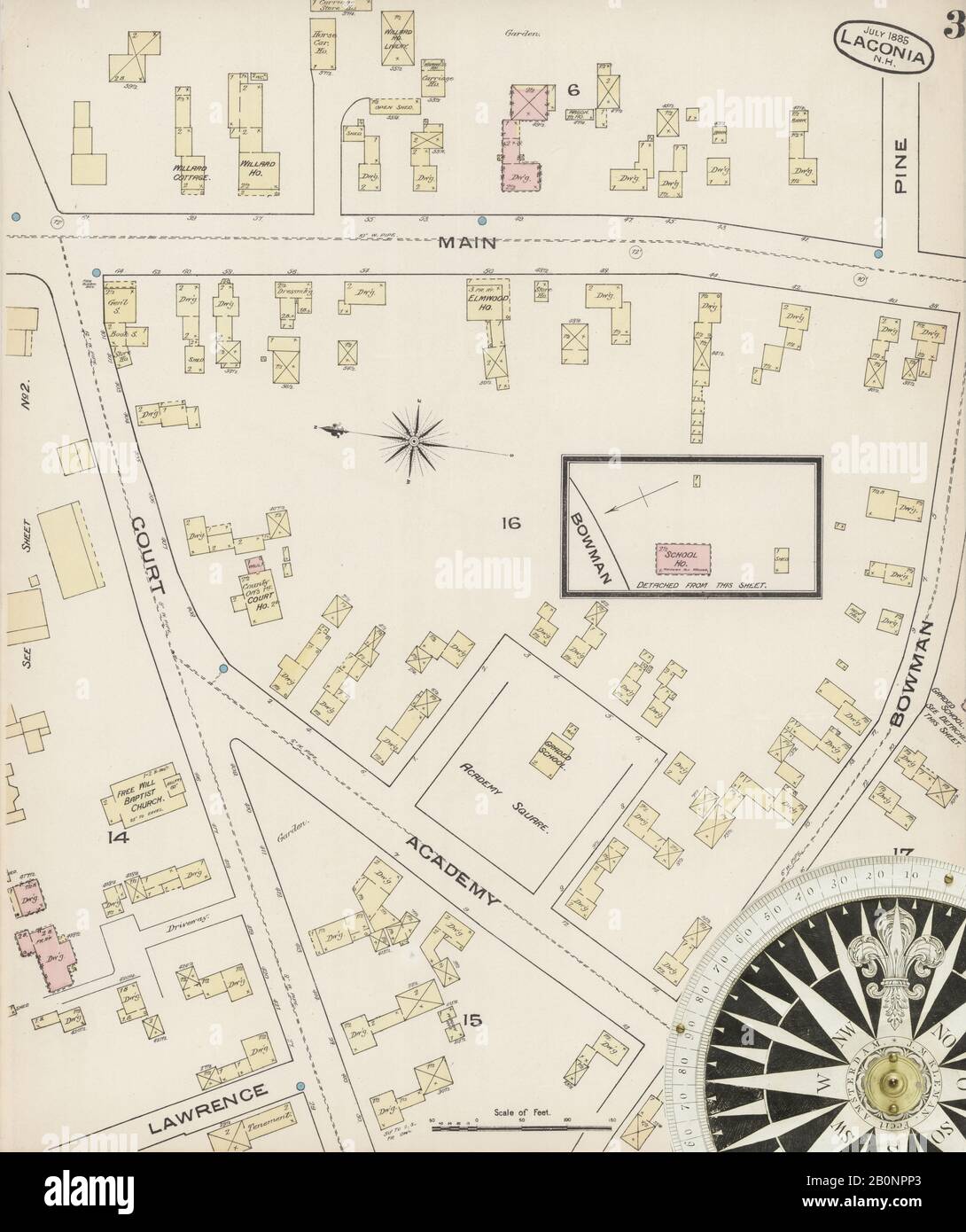 Image 3 of Sanborn Fire Insurance Map from Laconia, Belknap County, New Hampshire. Jul 1885. 3 Sheet(s), America, street map with a Nineteenth Century compass Stock Photo