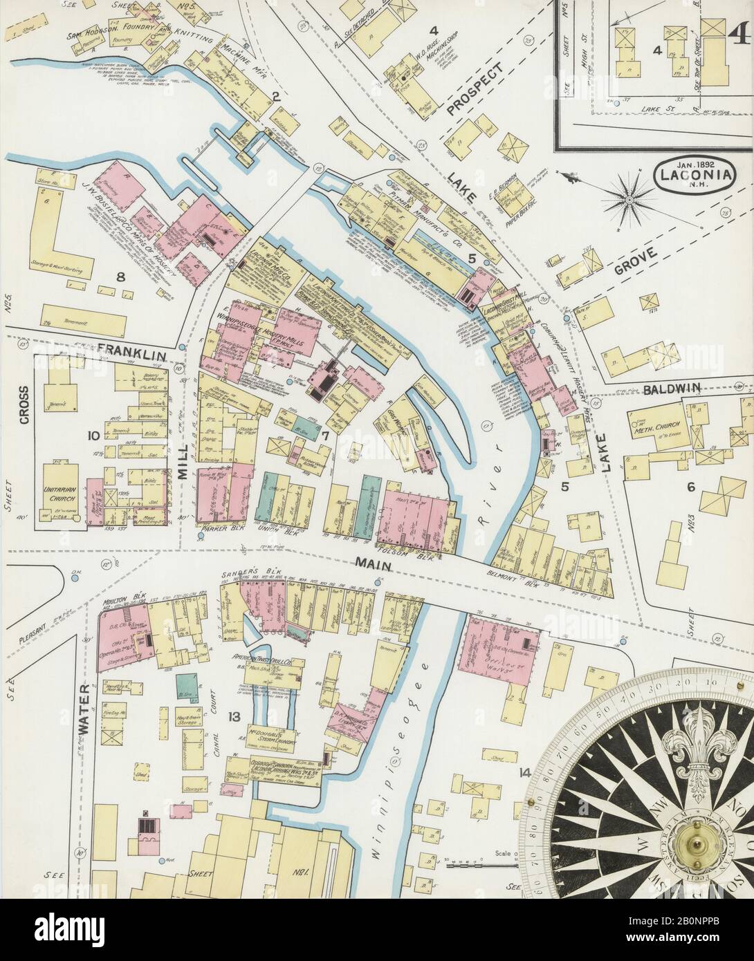 Image 4 of Sanborn Fire Insurance Map from Laconia, Belknap County, New Hampshire. Jan 1892. 6 Sheet(s), America, street map with a Nineteenth Century compass Stock Photo