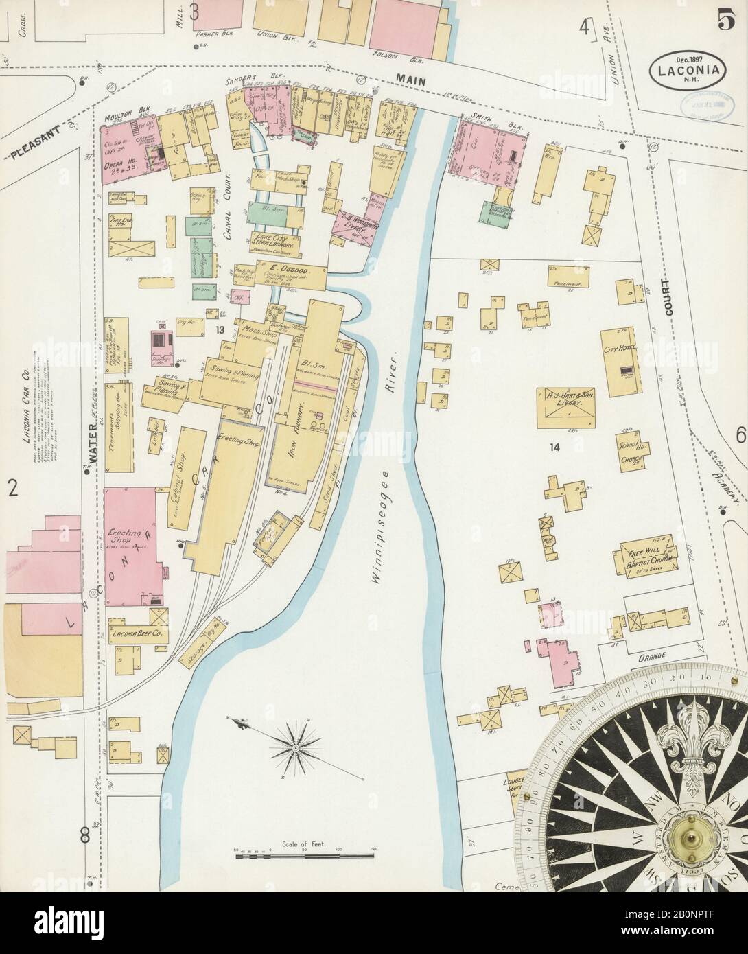 Image 5 of Sanborn Fire Insurance Map from Laconia, Belknap County, New Hampshire. Dec 1897. 13 Sheet(s), America, street map with a Nineteenth Century compass Stock Photo