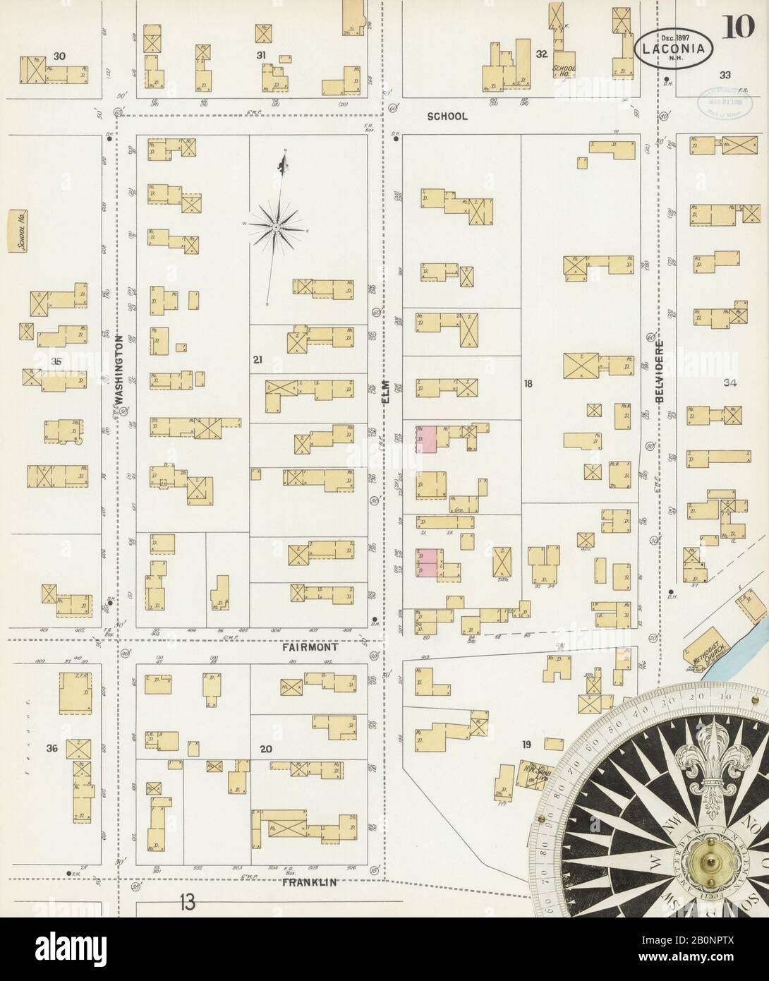 Image 10 of Sanborn Fire Insurance Map from Laconia, Belknap County, New Hampshire. Dec 1897. 13 Sheet(s), America, street map with a Nineteenth Century compass Stock Photo