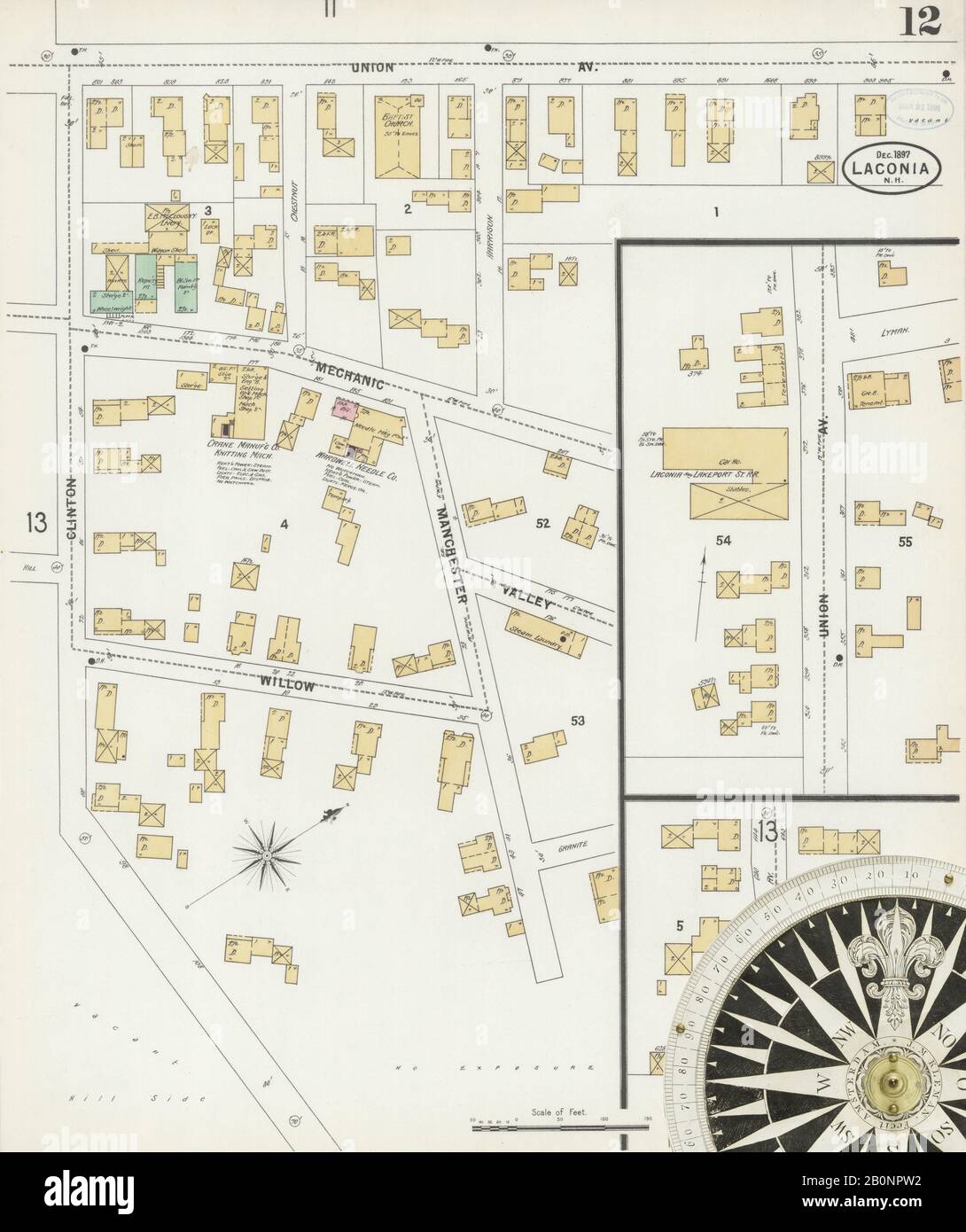 Image 12 of Sanborn Fire Insurance Map from Laconia, Belknap County, New Hampshire. Dec 1897. 13 Sheet(s), America, street map with a Nineteenth Century compass Stock Photo