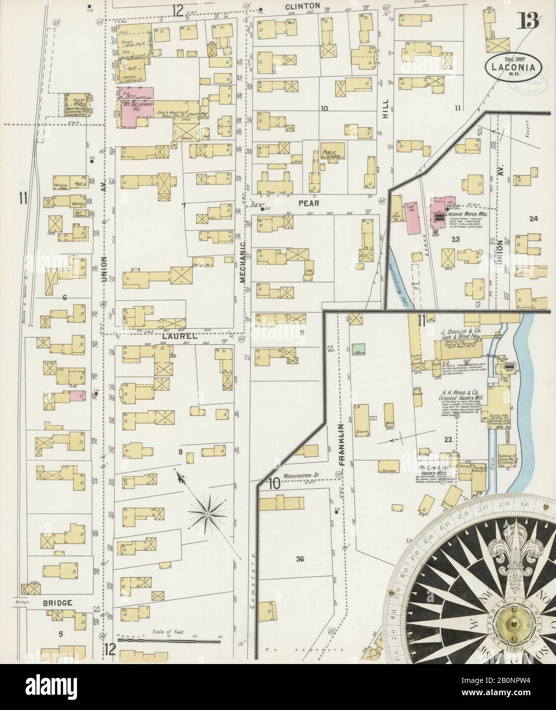 Image 13 of Sanborn Fire Insurance Map from Laconia, Belknap County, New Hampshire. Dec 1897. 13 Sheet(s), America, street map with a Nineteenth Century compass Stock Photo