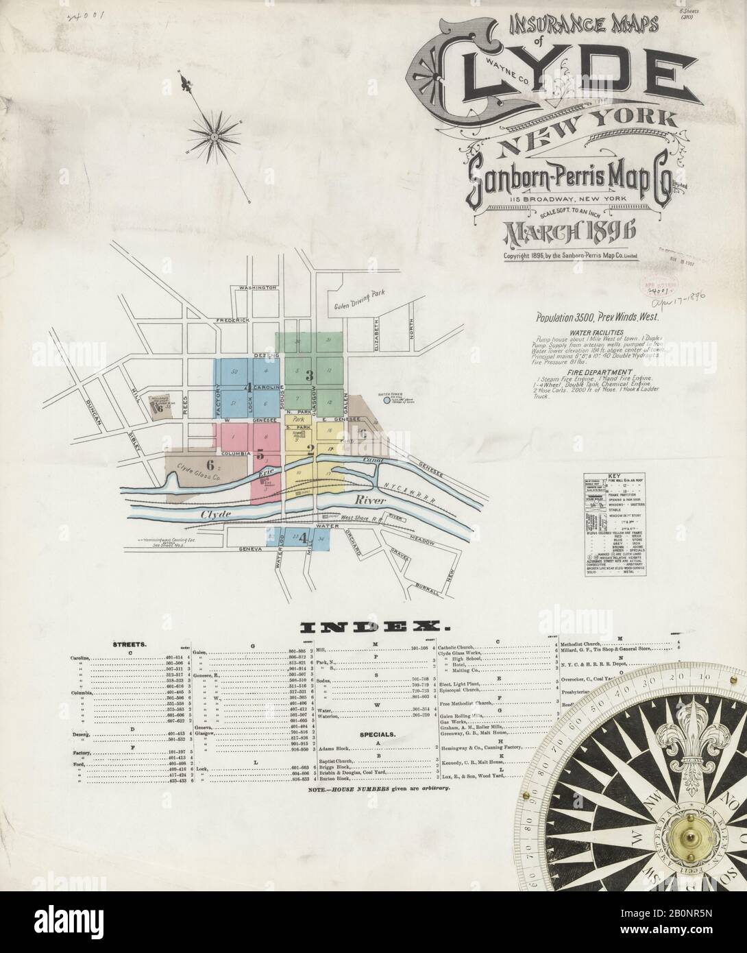 Image 1 of Sanborn Fire Insurance Map from Clyde, Wayne County, New York. Mar 1896. 6 Sheet(s
