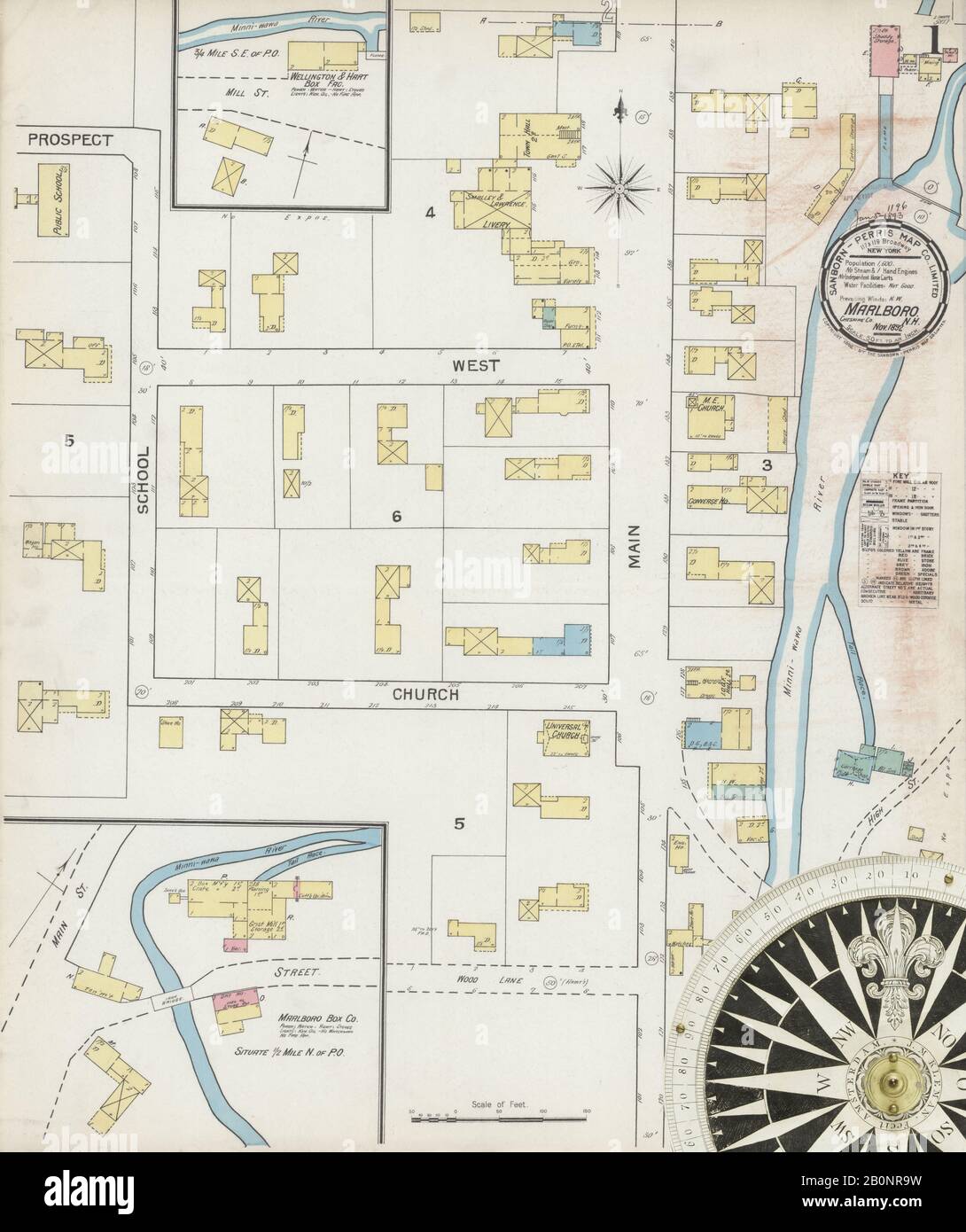 Image 1 of Sanborn Fire Insurance Map from Marlborough, Cheshire County, New Hampshire. Nov 1892. 2 Sheet(s). Includes Titled Marlboro, America, street map with a Nineteenth Century compass Stock Photo