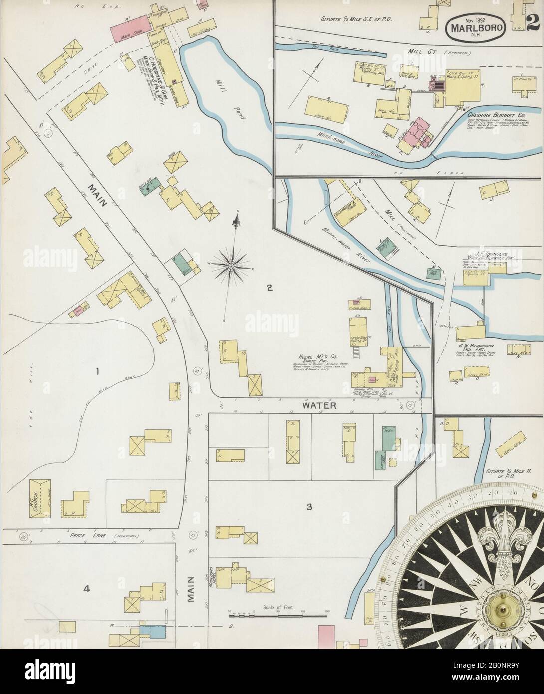 Image 2 of Sanborn Fire Insurance Map from Marlborough, Cheshire County, New Hampshire. Nov 1892. 2 Sheet(s). Includes Titled Marlboro, America, street map with a Nineteenth Century compass Stock Photo