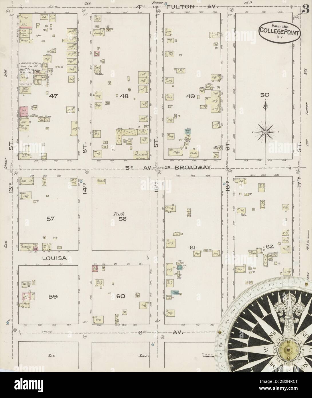 Image 3 of Sanborn Fire Insurance Map from College Point, Queens County, New York. Mar 1886. 8 Sheet(s), America, street map with a Nineteenth Century compass Stock Photo