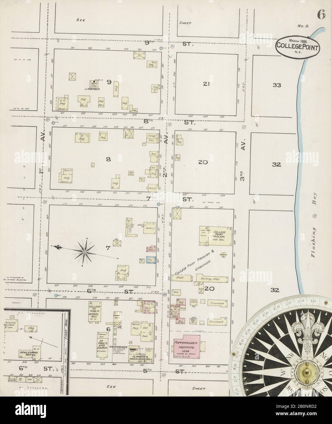 Image 6 of Sanborn Fire Insurance Map from College Point, Queens County, New York. Mar 1886. 8 Sheet(s), America, street map with a Nineteenth Century compass Stock Photo