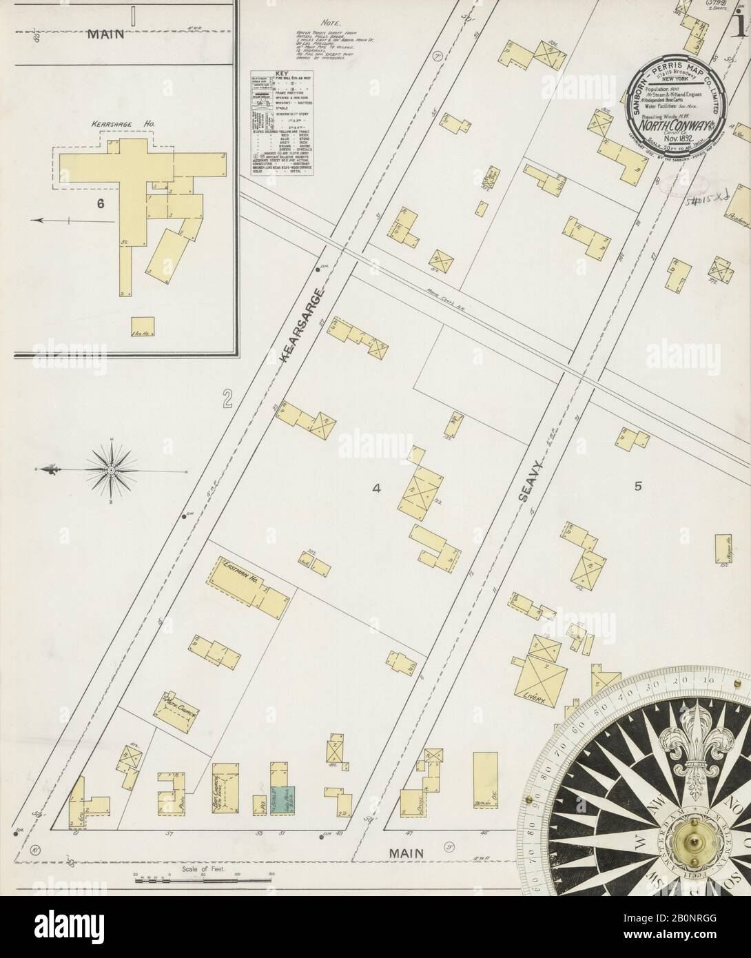 Image 1 of Sanborn Fire Insurance Map from North Conway, Carroll County, New Hampshire. Nov 1892. 2 Sheet(s), America, street map with a Nineteenth Century compass Stock Photo