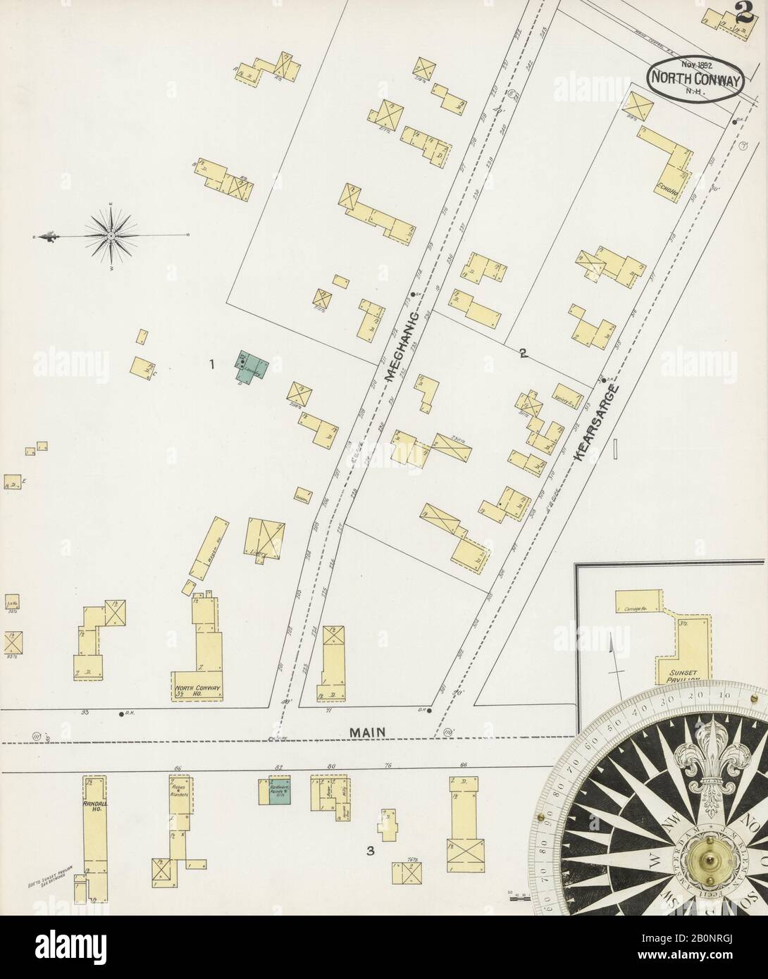 Image 2 of Sanborn Fire Insurance Map from North Conway, Carroll County, New Hampshire. Nov 1892. 2 Sheet(s), America, street map with a Nineteenth Century compass Stock Photo