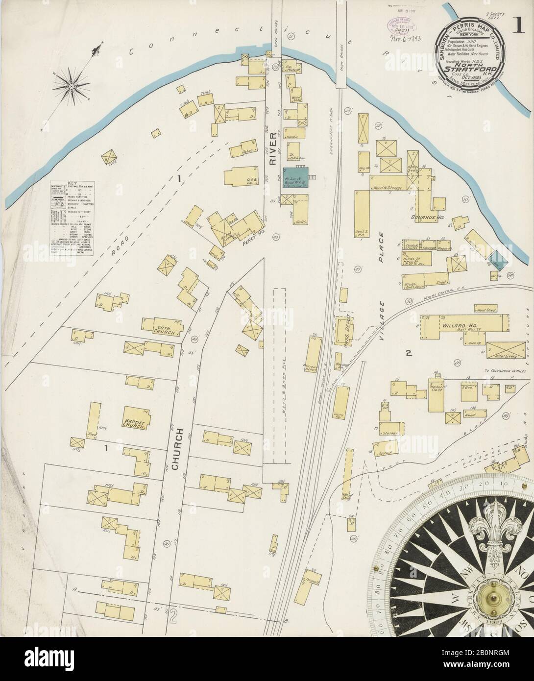 Image 1 of Sanborn Fire Insurance Map from North Stratford, Coos County, New Hampshire. Oct 1893. 2 Sheet(s), America, street map with a Nineteenth Century compass Stock Photo