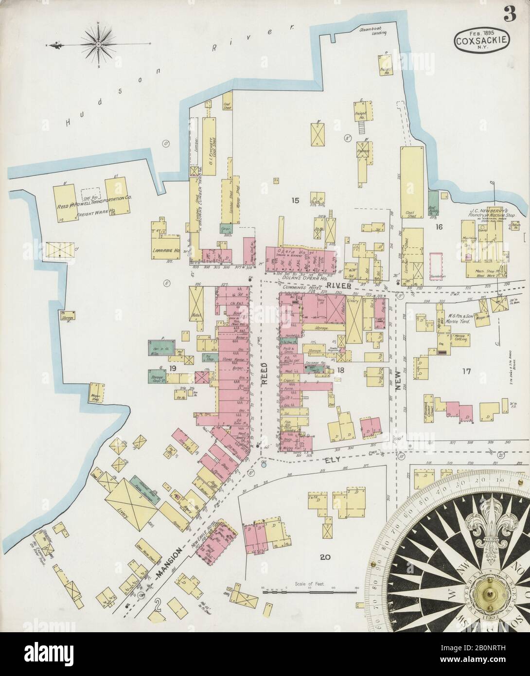 Image 3 of Sanborn Fire Insurance Map from Coxsackie, Greene County, New York. Feb 1895. 5 Sheet(s), America, street map with a Nineteenth Century compass Stock Photo