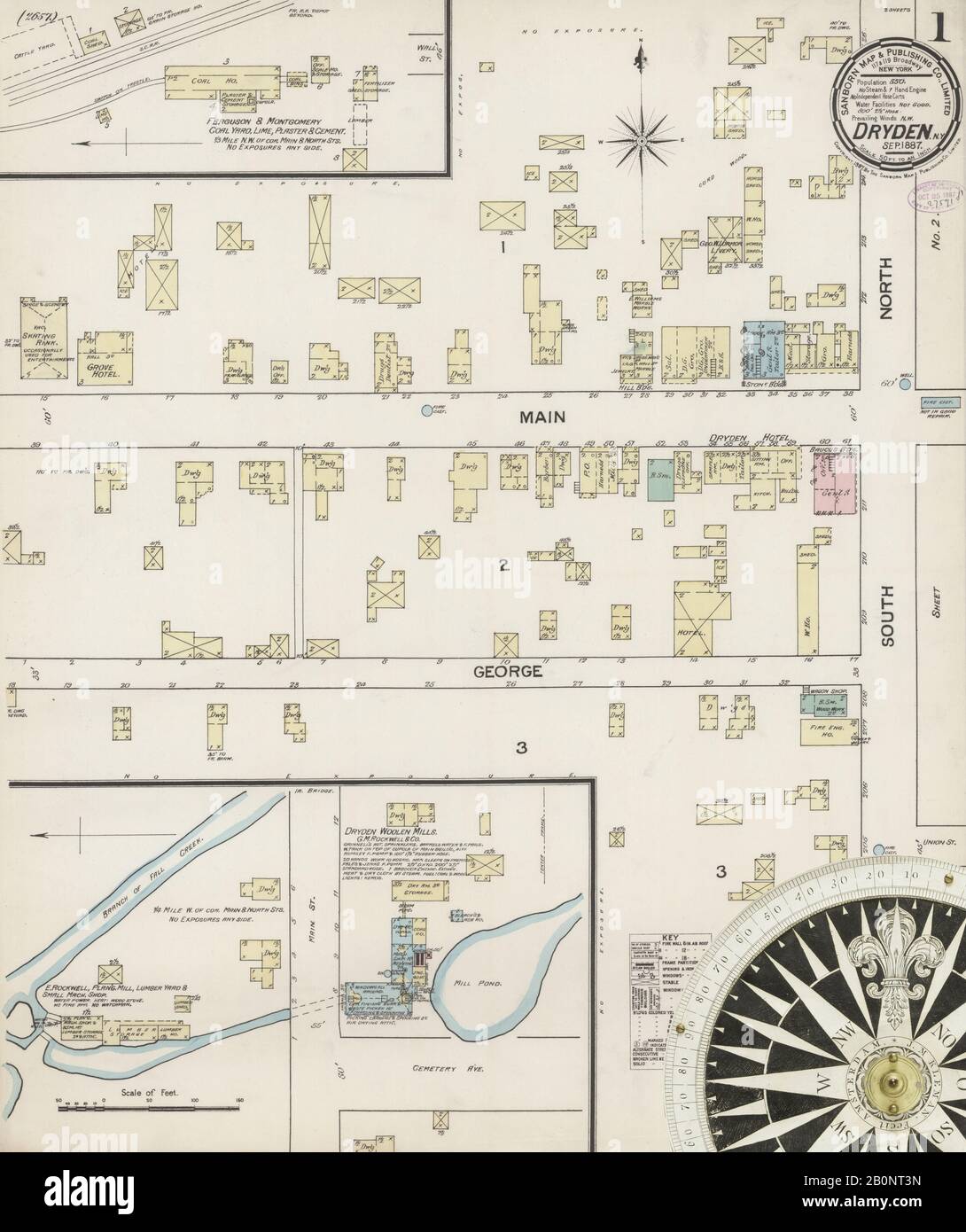 Image 1 of Sanborn Fire Insurance Map from Dryden, Tompkins County, New York. Sep 1887. 2 Sheet(s), America, street map with a Nineteenth Century compass Stock Photo