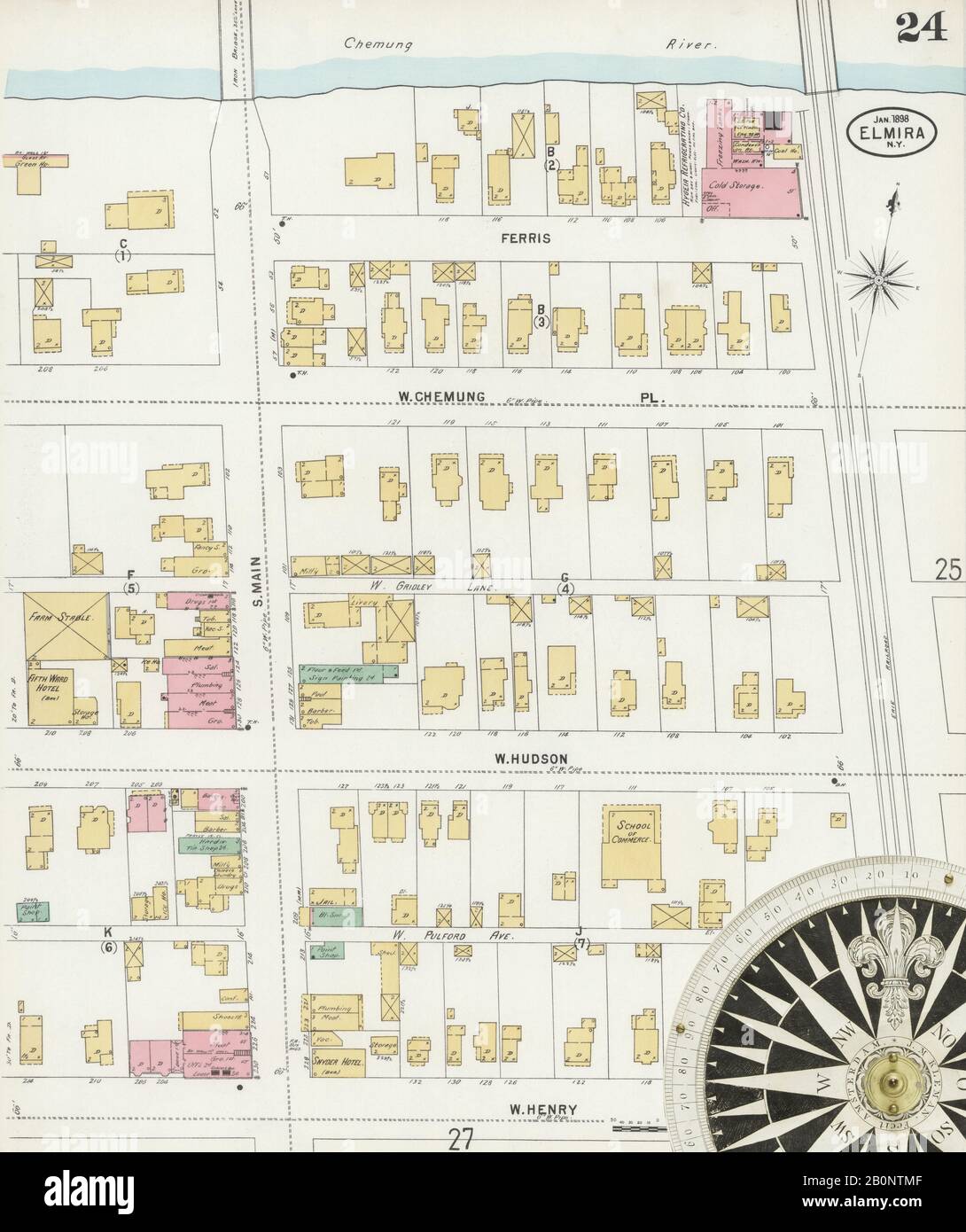Image 24 of Sanborn Fire Insurance Map from Elmira, Chemung County, New York. Jan 1898. 35 Sheet(s), America, street map with a Nineteenth Century compass Stock Photo