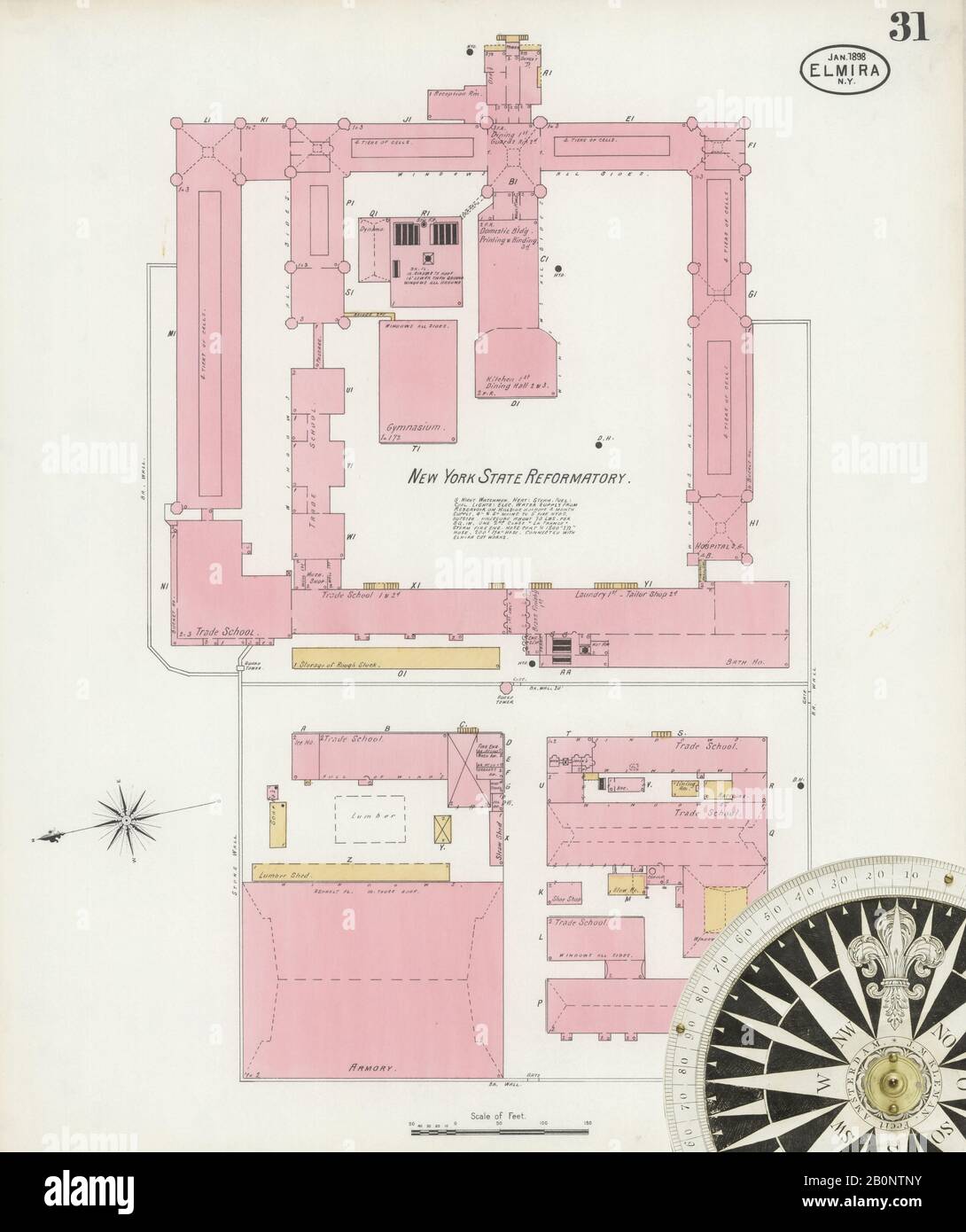 Image 31 of Sanborn Fire Insurance Map from Elmira, Chemung County, New York. Jan 1898. 35 Sheet(s), America, street map with a Nineteenth Century compass Stock Photo