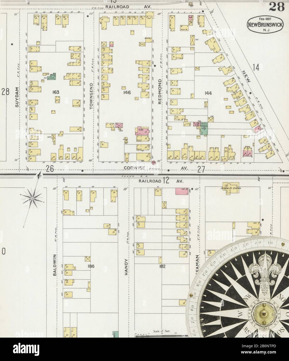 Image 29 of Sanborn Fire Insurance Map from New Brunswick, Middlesex County, New Jersey. Feb 1897. 31 Sheet(s), America, street map with a Nineteenth Century compass Stock Photo