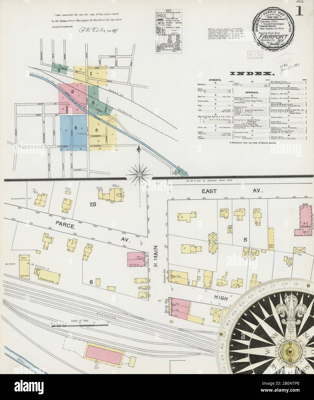 Image 1 of Sanborn Fire Insurance Map from Fairport, Monroe County, New York. Nov 1892. 5 Sheet(s), America, street map with a Nineteenth Century compass Stock Photo