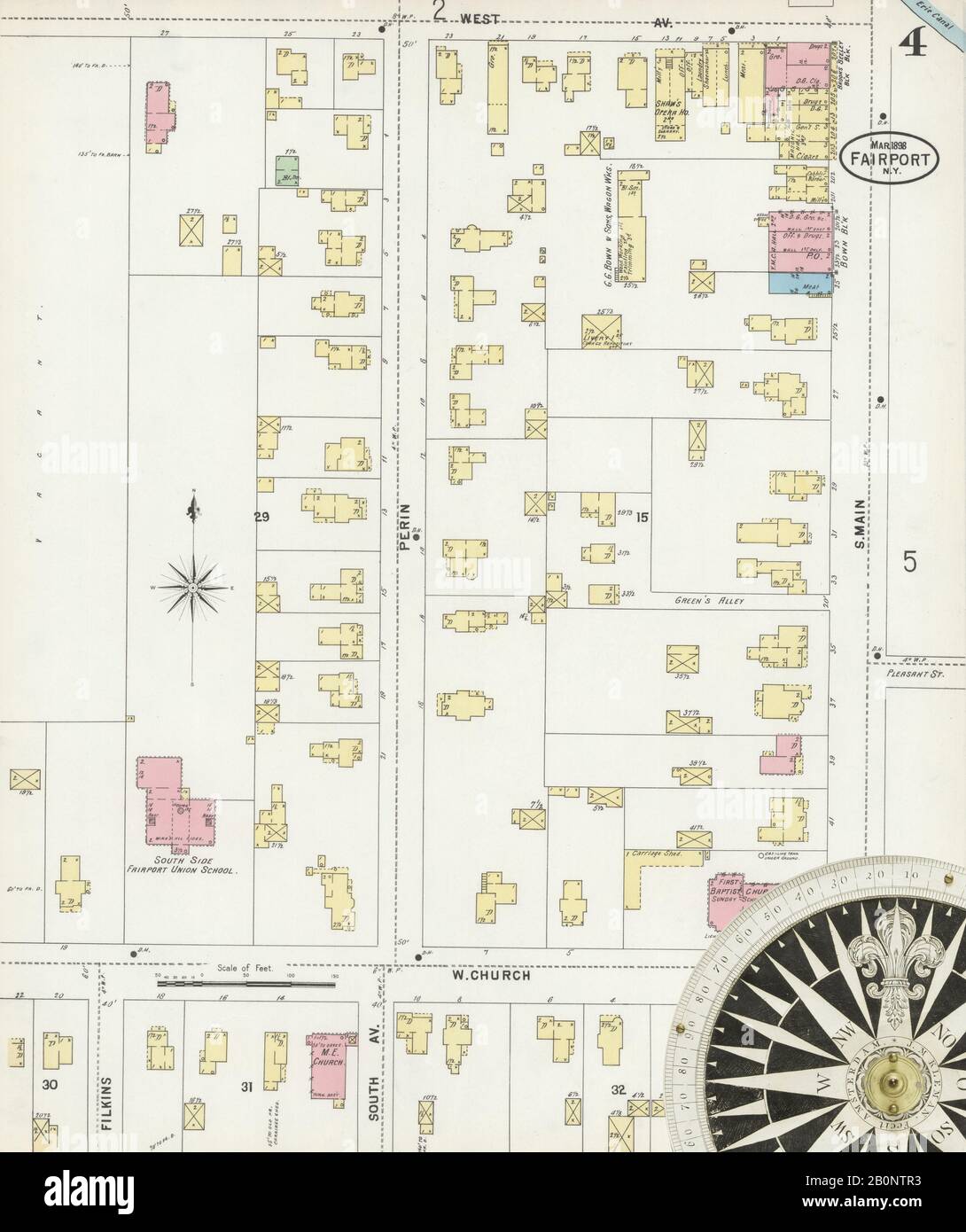 Image 4 of Sanborn Fire Insurance Map from Fairport, Monroe County, New York. Mar 1898. 7 Sheet(s). Includes Penfield, America, street map with a Nineteenth Century compass Stock Photo