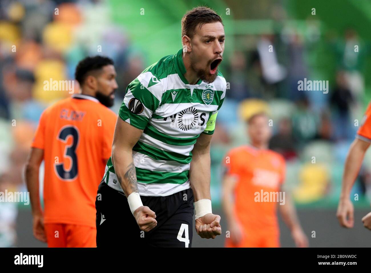 Lisbon, Portugal. 20th Feb, 2020. Sebastian Coates of Sporting CP celebrates after scoring a goal during the UEFA Europa League round of 32 first leg football match between Sporting CP and Istanbul Basaksehir at Alvalade stadium in Lisbon, Portugal, on Feb. 20, 2020. Credit: Pedro Fiuza/Xinhua/Alamy Live News Stock Photo