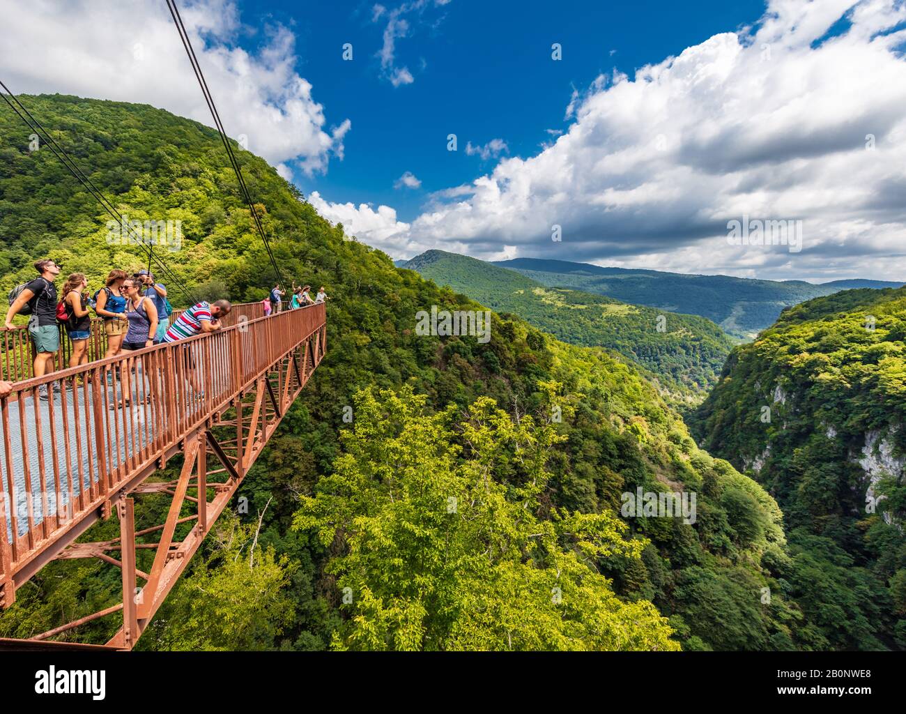 Martvili , Georgia - August 10, 2019 :  tourists people on the Martvili Canyon bridge landmark of Samegrelo-Zemo Svaneti region Stock Photo