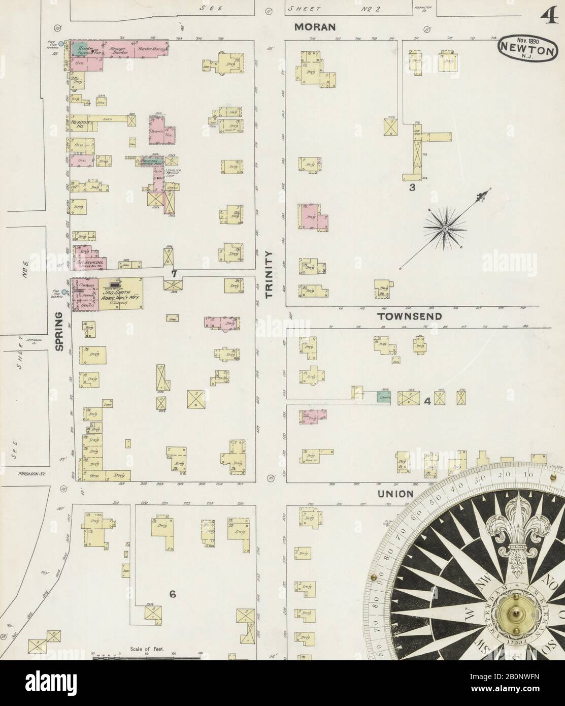 Image 4 of Sanborn Fire Insurance Map from Newton, Sussex County, New Jersey. Nov 1890. 7 Sheet(s), America, street map with a Nineteenth Century compass Stock Photo