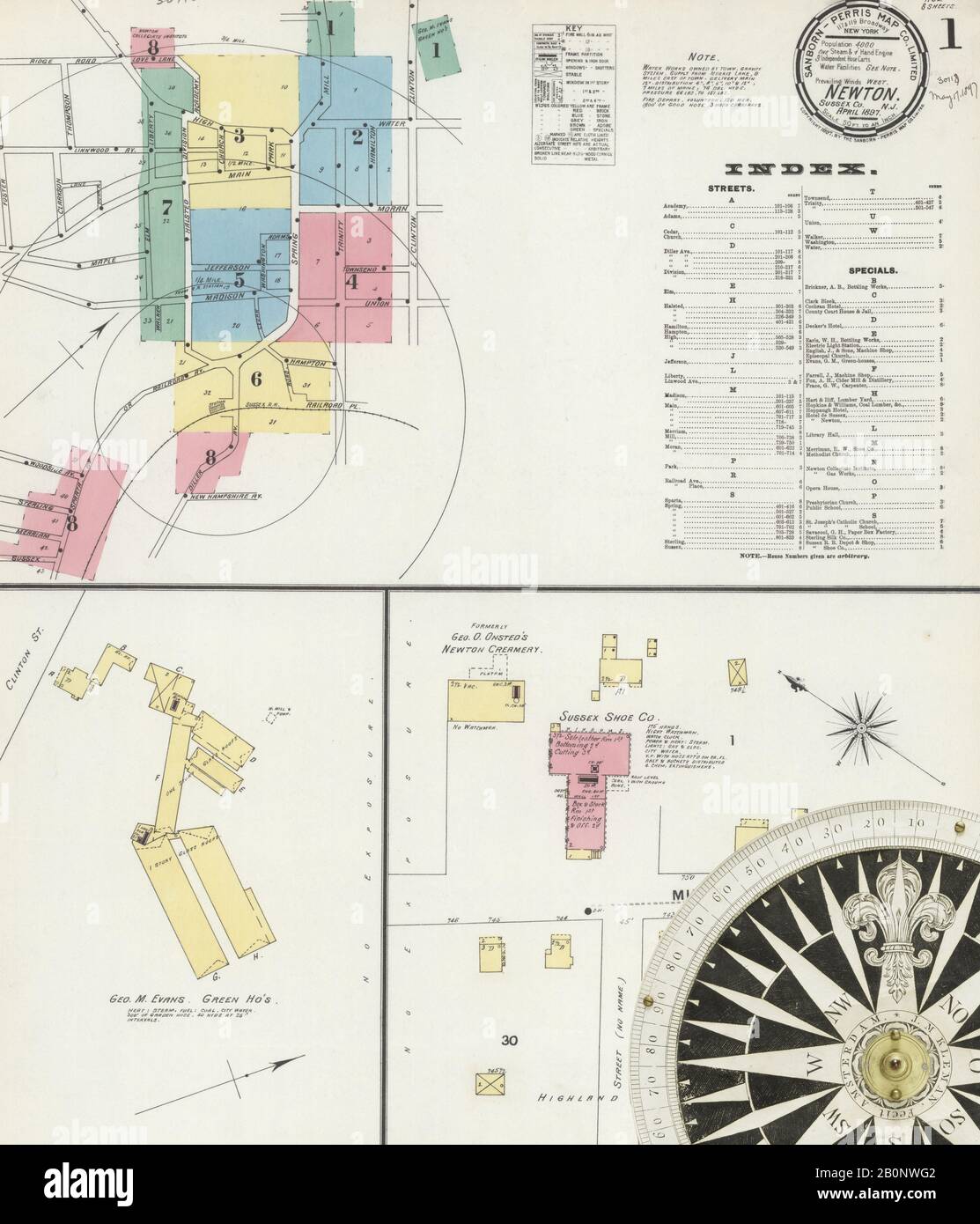 Image 1 of Sanborn Fire Insurance Map from Newton, Sussex County, New Jersey. Apr 1897. 8 Sheet(s), America, street map with a Nineteenth Century compass Stock Photo