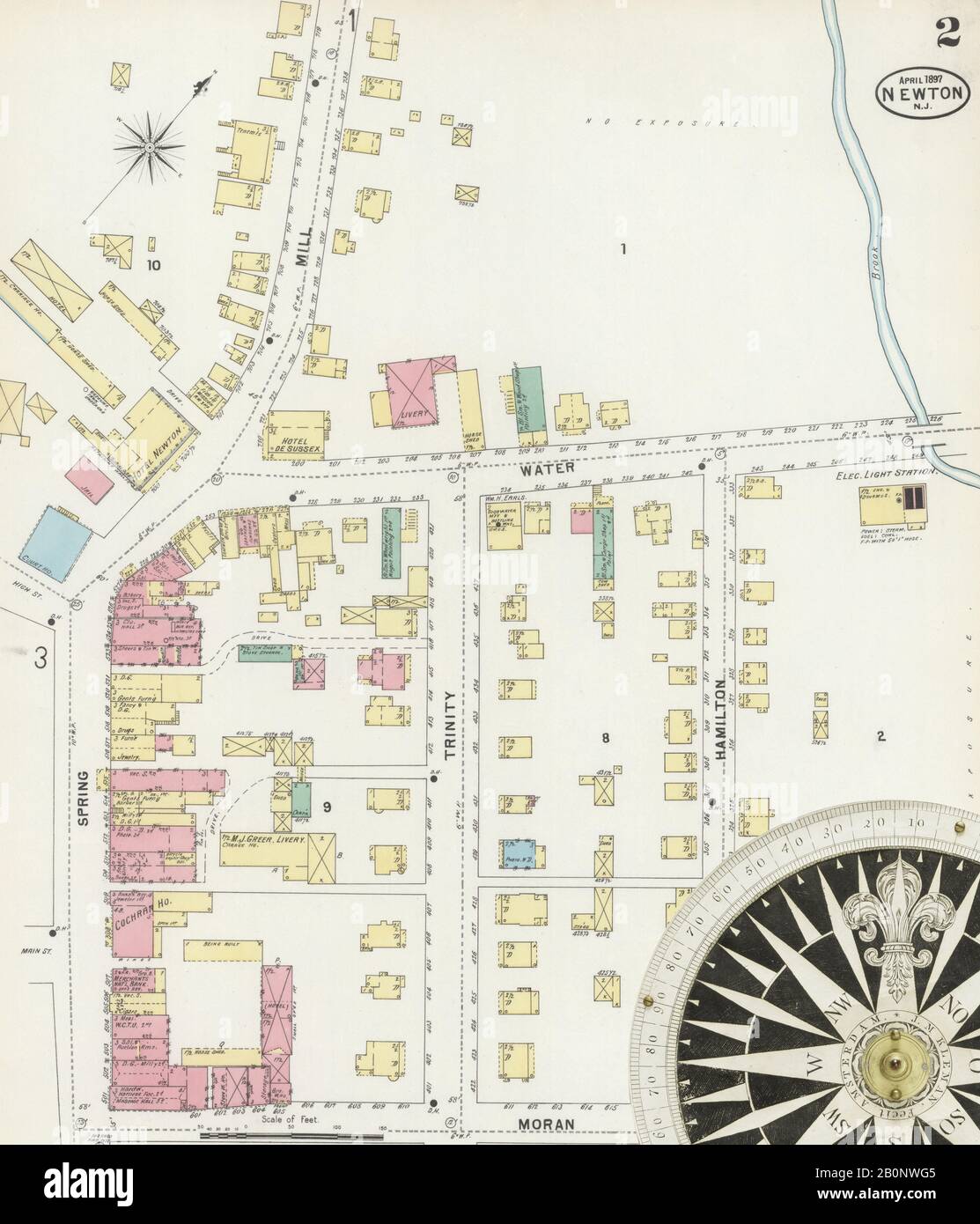 Image 2 of Sanborn Fire Insurance Map from Newton, Sussex County, New Jersey. Apr 1897. 8 Sheet(s), America, street map with a Nineteenth Century compass Stock Photo