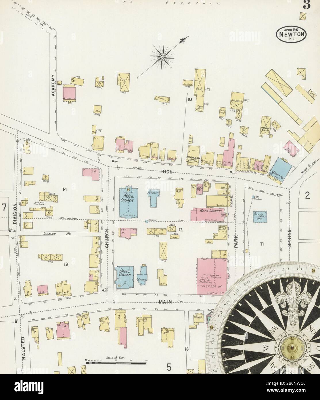 Image 3 of Sanborn Fire Insurance Map from Newton, Sussex County, New Jersey. Apr 1897. 8 Sheet(s), America, street map with a Nineteenth Century compass Stock Photo