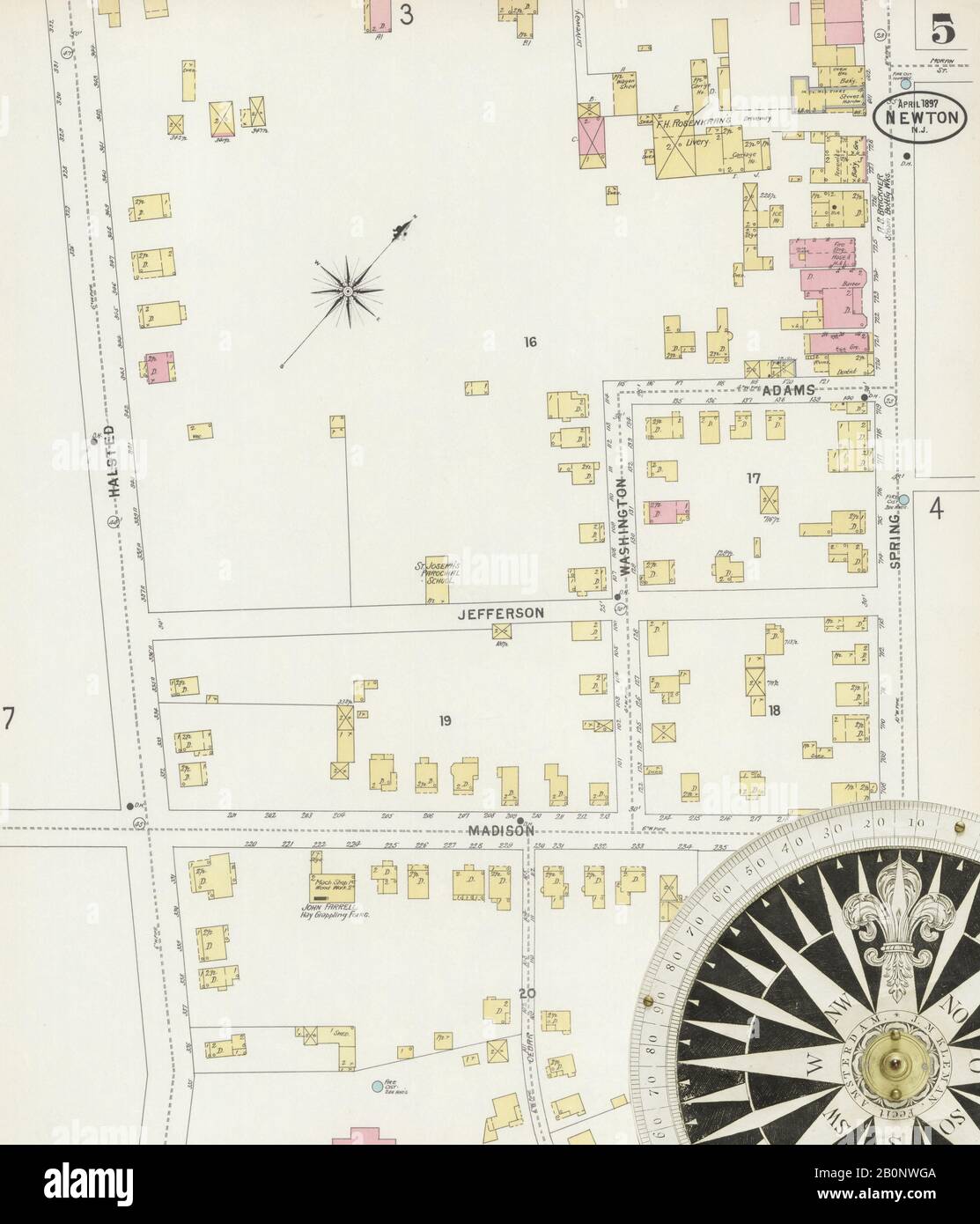 Image 5 of Sanborn Fire Insurance Map from Newton, Sussex County, New Jersey. Apr 1897. 8 Sheet(s), America, street map with a Nineteenth Century compass Stock Photo