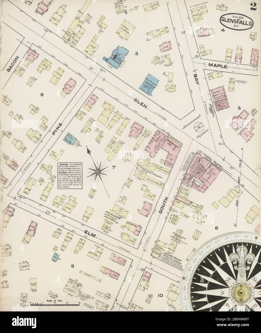 Image 2 of Sanborn Fire Insurance Map from Glens Falls, Warren County, New York. Aug 1884. 9 Sheet(s), America, street map with a Nineteenth Century compass Stock Photo