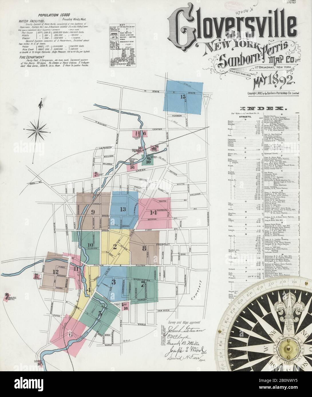 Image 1 of Sanborn Fire Insurance Map from Gloversville, Fulton County, New York. May 1892. 17 Sheet(s), America, street map with a Nineteenth Century compass Stock Photo